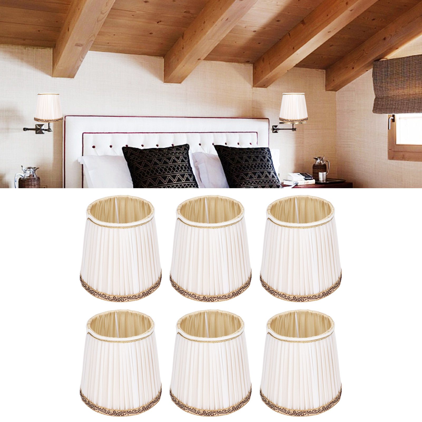 6Pcs Fabric Mesh Lamp Shade Clip On Lampshade Beige Golden Edge Style for E14 view 12