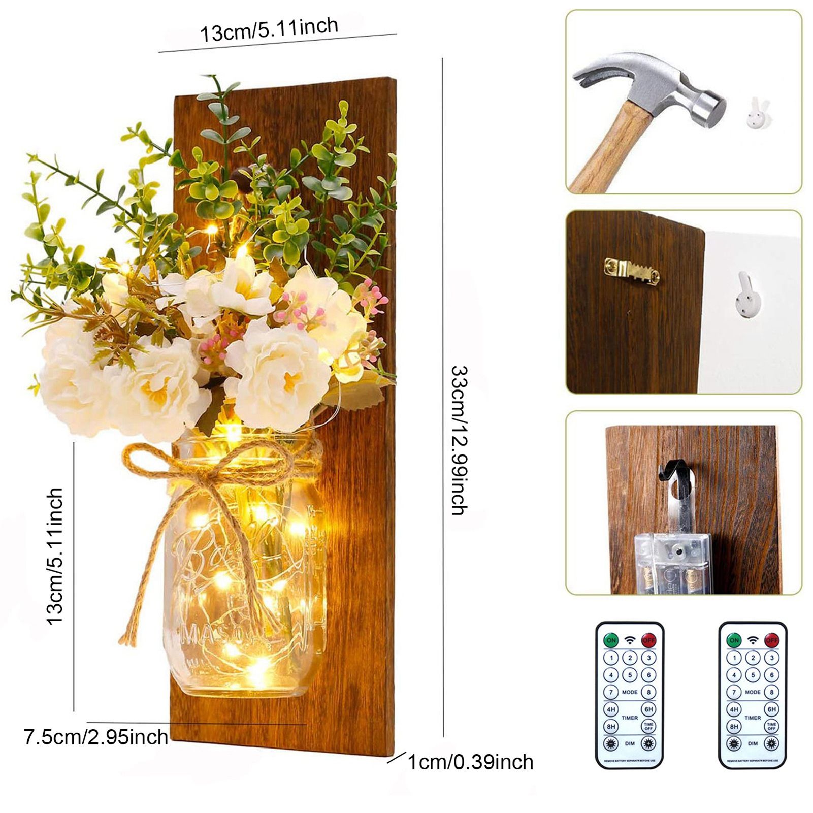 LED Mason Jar Wall Lights Indoor Outdoor Patio Vase Hanging Lights Home Wall view 5