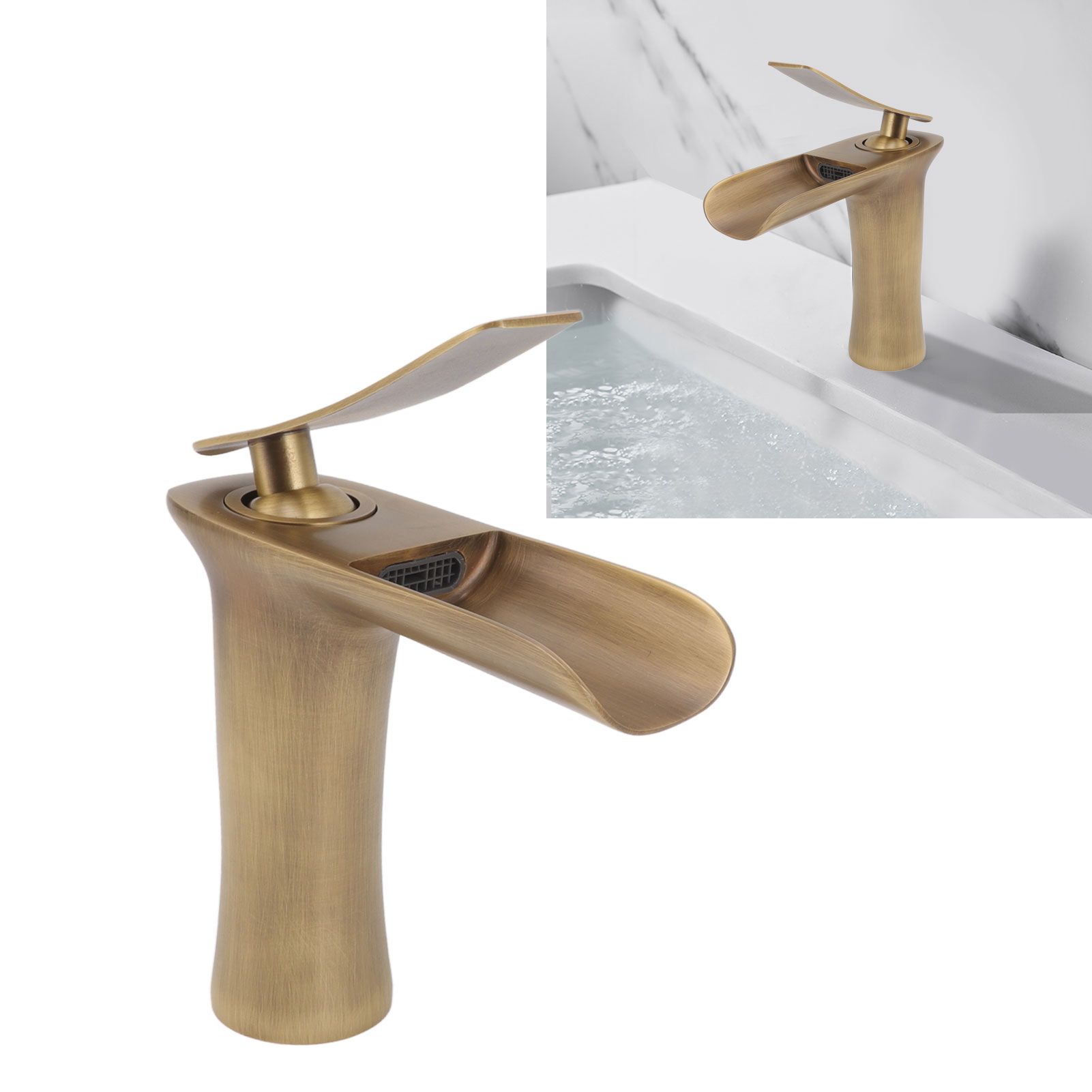 Bathroom Sink Faucet Antique Single Span Brass Waterfall Under Counter Basin view 11