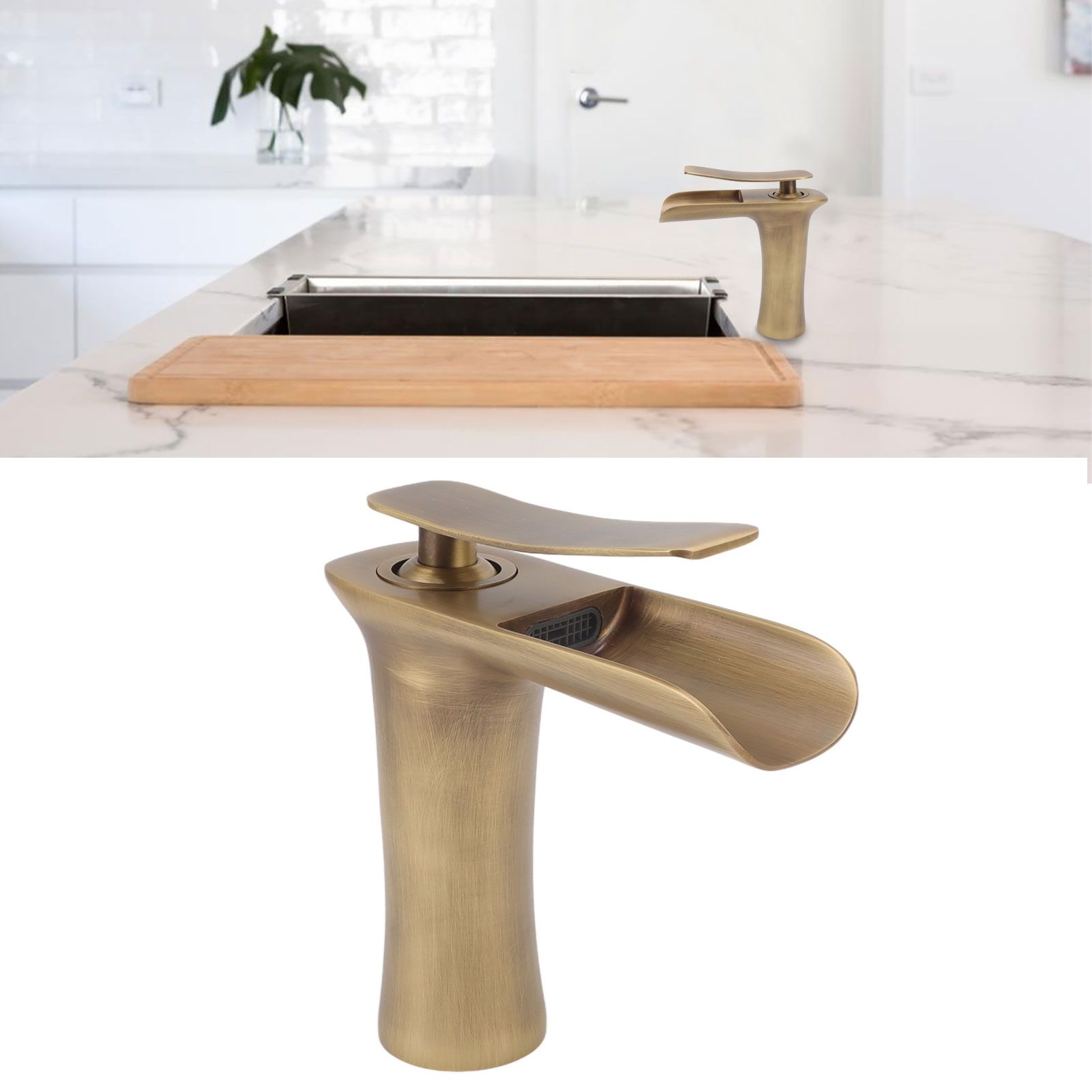 Bathroom Sink Faucet Antique Single Span Brass Waterfall Under Counter Basin view 12