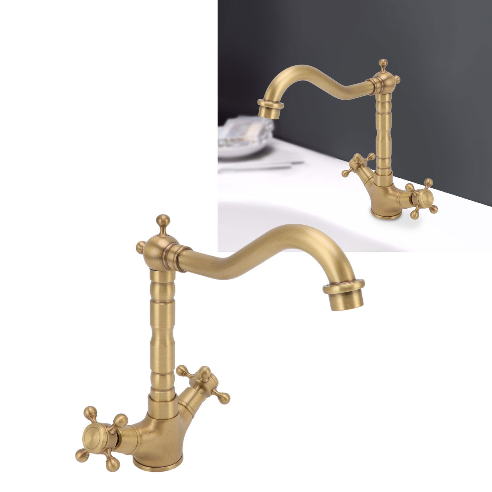 European Antique Brass Bathroom Faucet Double Handle Cross Knob Kitchen Faucet view 11