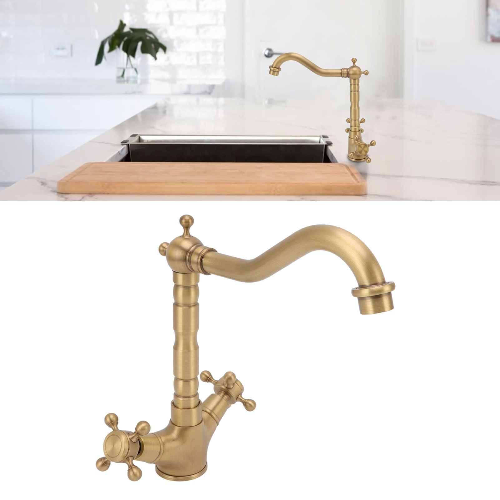 European Antique Brass Bathroom Faucet Double Handle Cross Knob Kitchen Faucet view 12