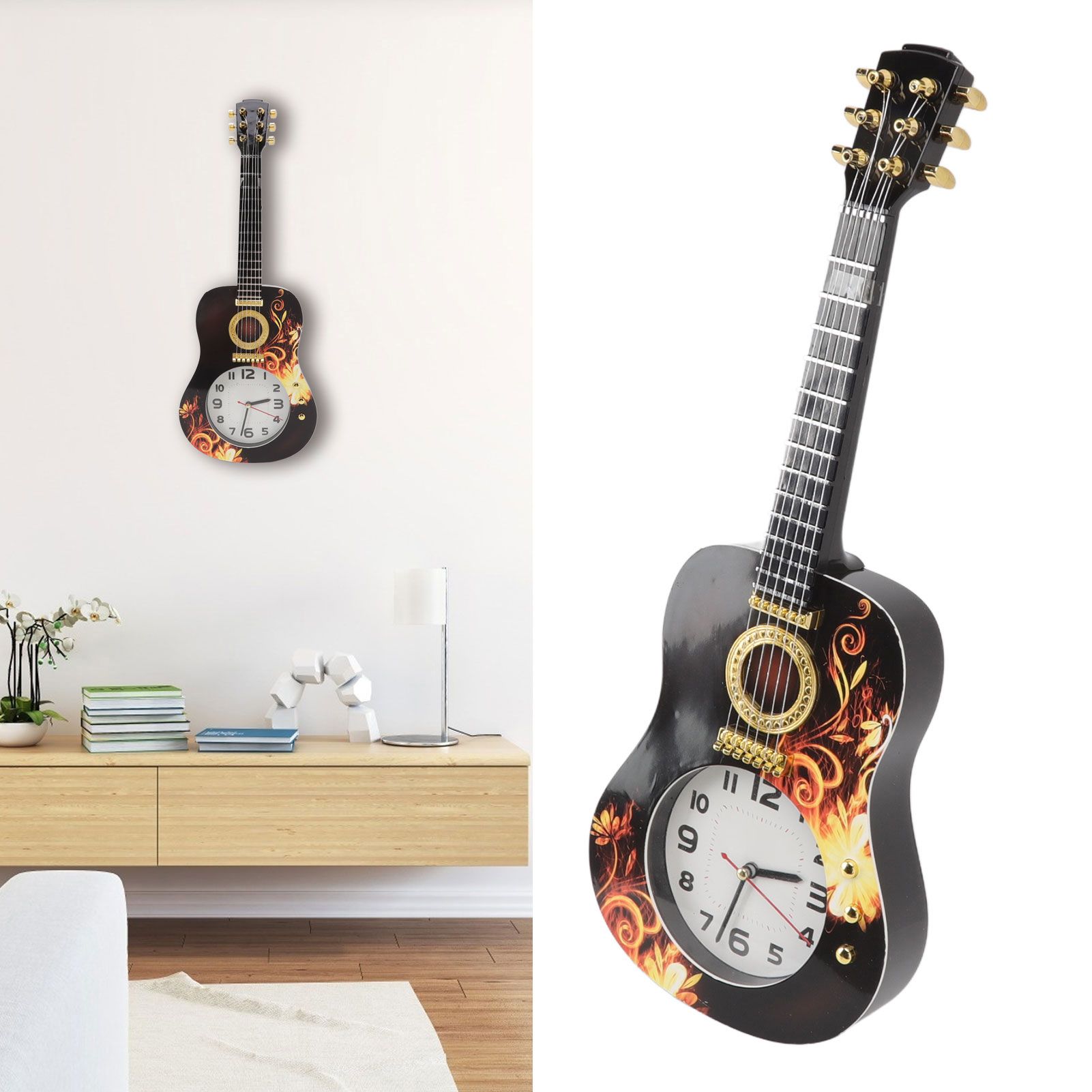 Wall Clock Silent Simulation Ukulele Shaped Decorative Alarm Clock for Bedroom view 12