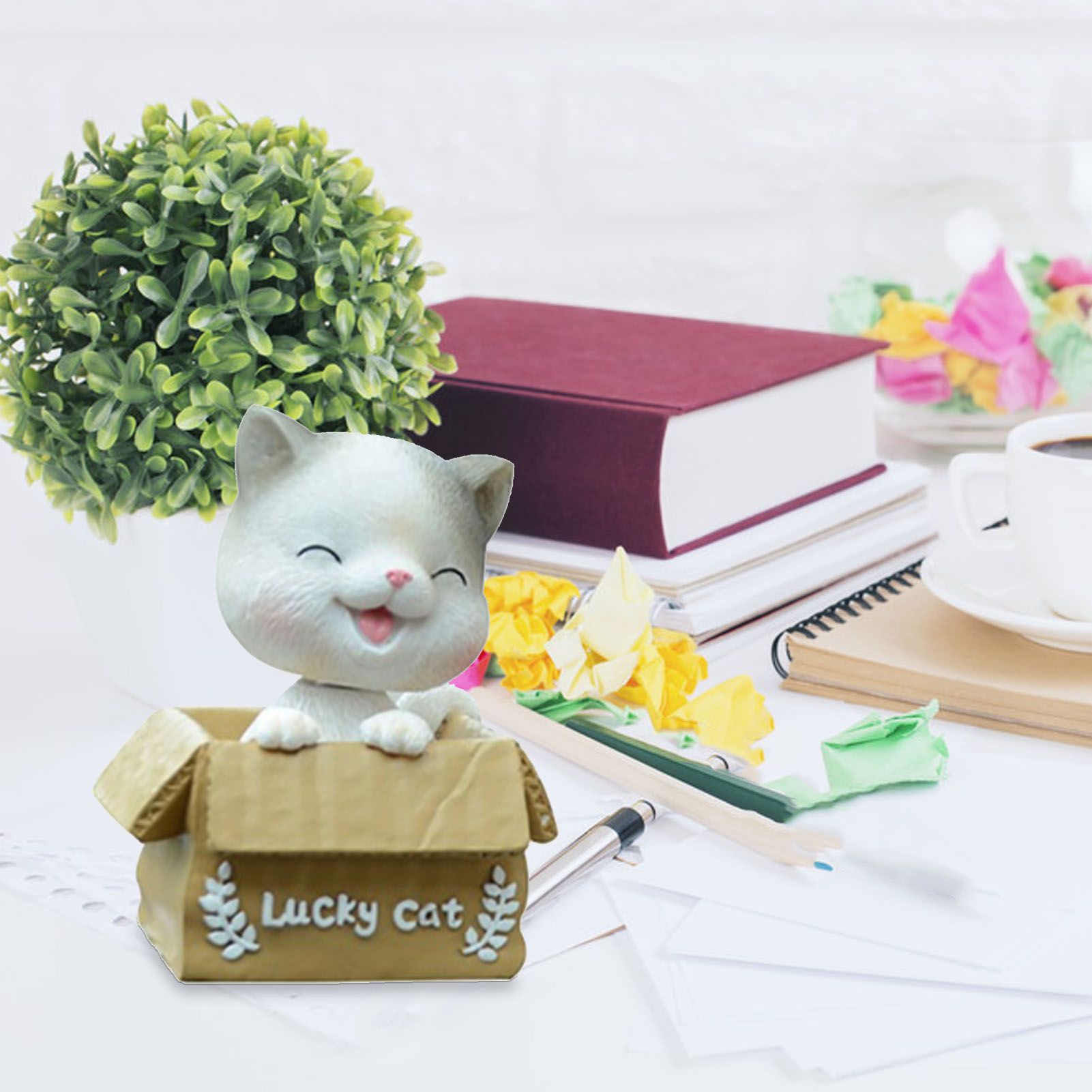 Car Dashboard Lucky Cat Decor Resin Shaking Head Cat Ornament Cute Cartoon view 6