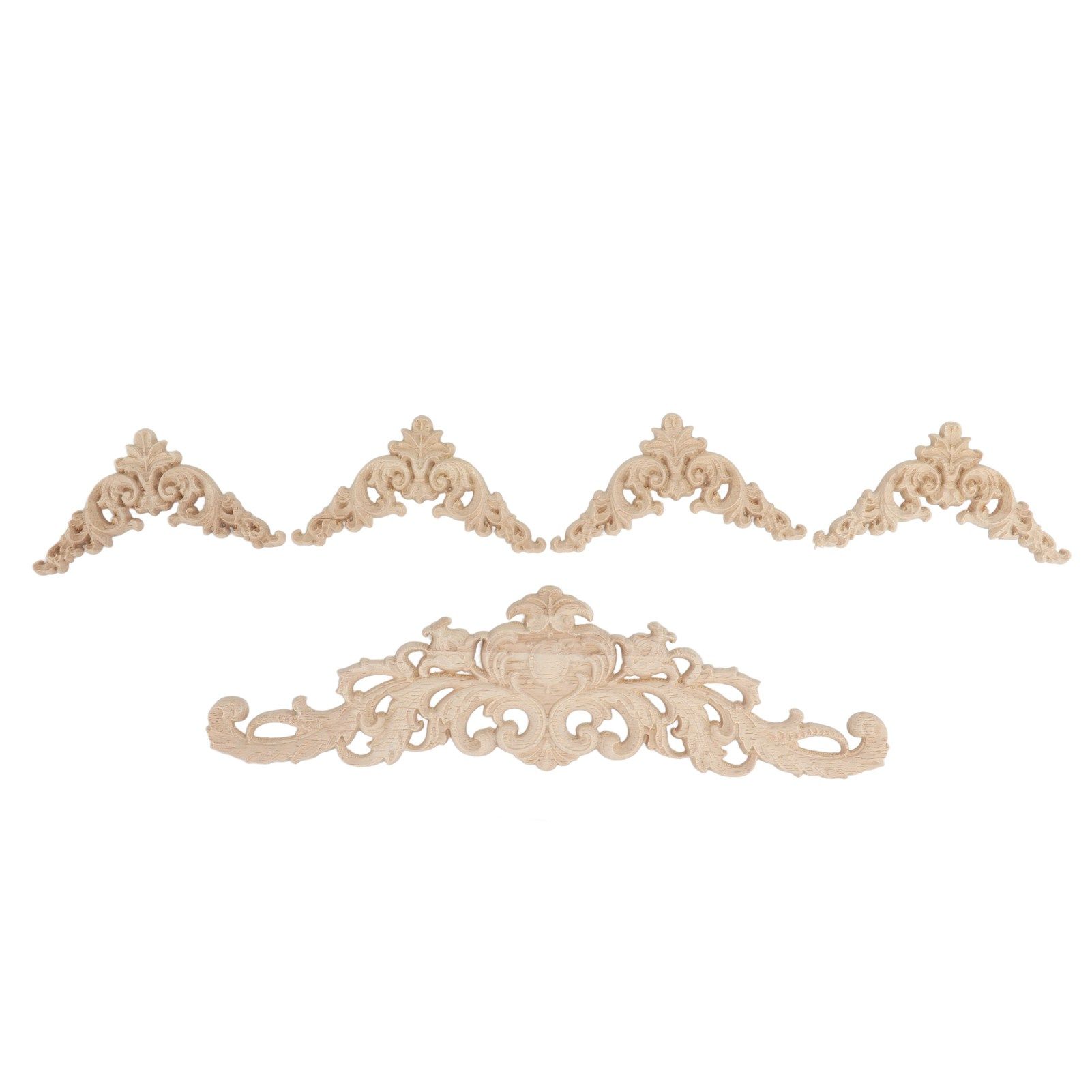 5Pcs Wooden Appliques Onlays Rubber Wood Carved 4 Corner Onlays and 1 Long — image 1