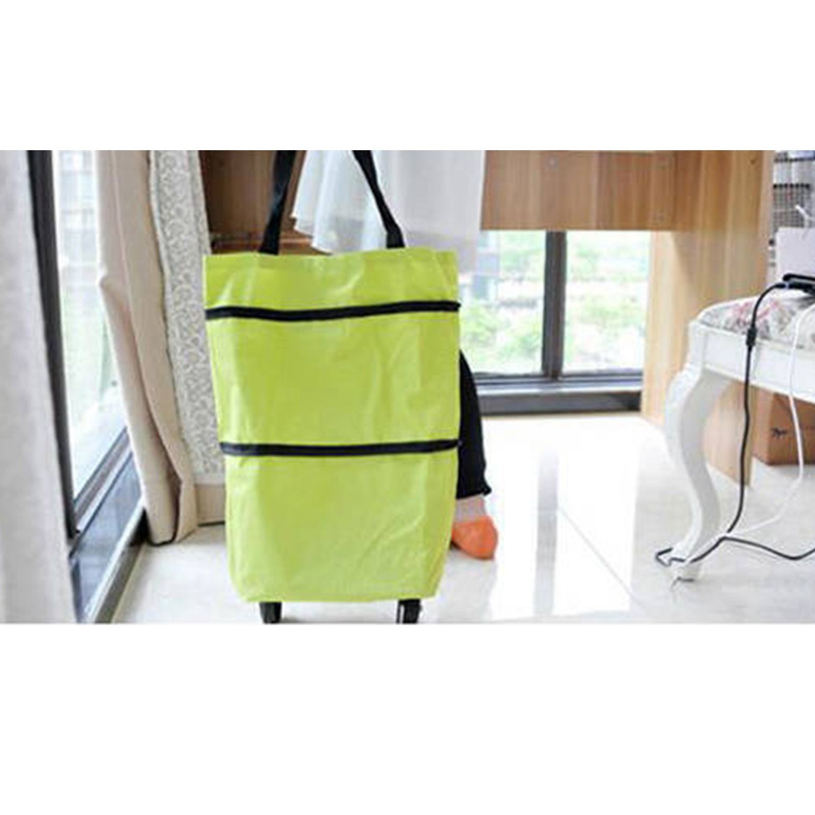 Green Foldable Shopping Bag with Wheels Pure Color Expandable Oxford Cloth view 6