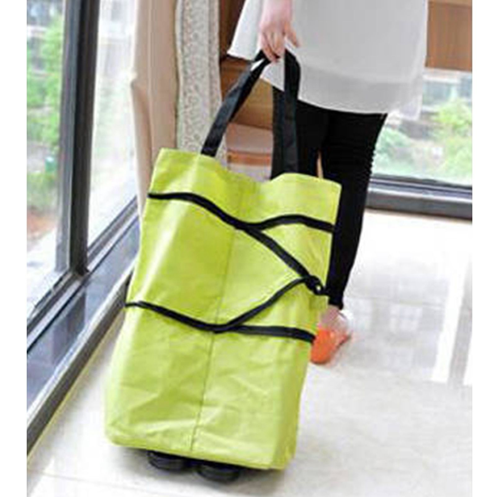Green Foldable Shopping Bag with Wheels Pure Color Expandable Oxford Cloth view 7