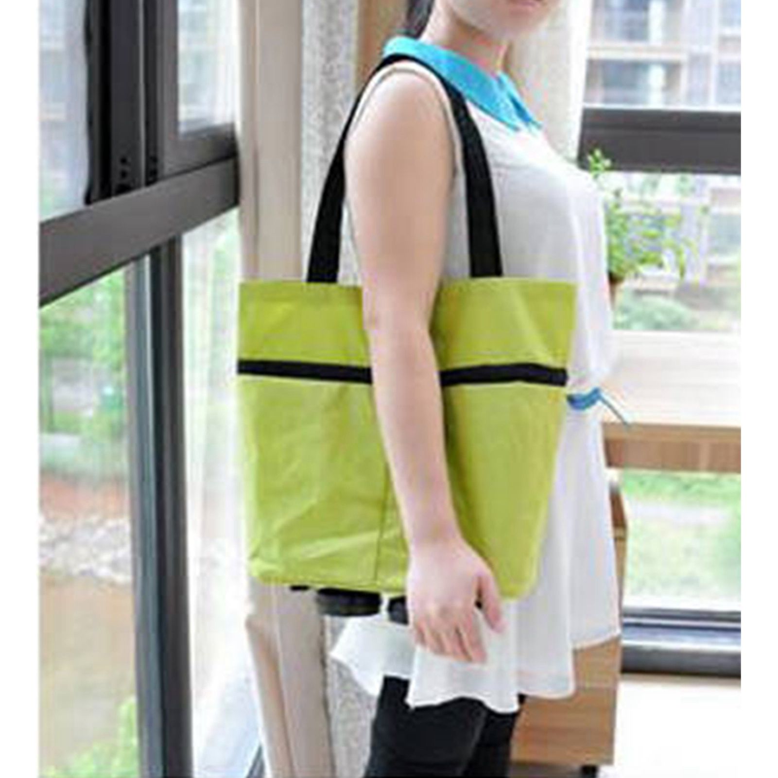 Green Foldable Shopping Bag with Wheels Pure Color Expandable Oxford Cloth view 8