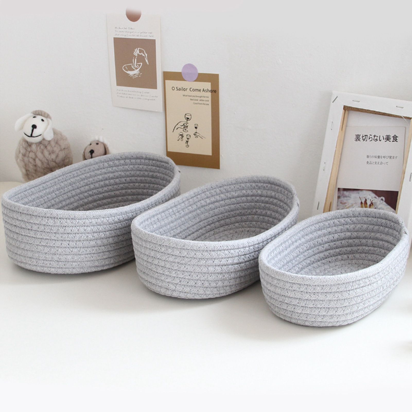 3 Pcs Desktop Storage Basket Oval Organizer Container Cotton Rope Hand Woven view 5
