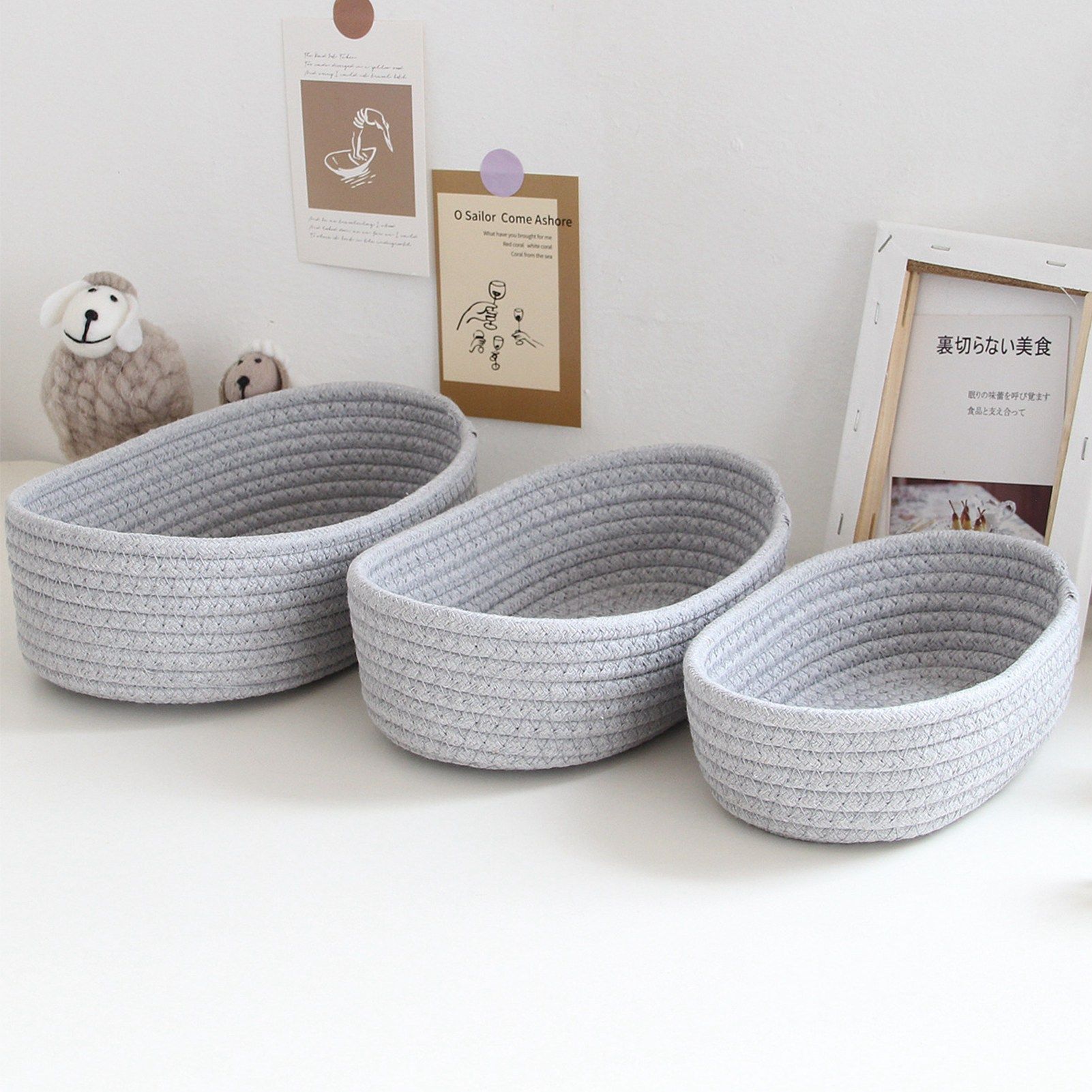 3 Pcs Desktop Storage Basket Oval Organizer Container Cotton Rope Hand Woven view 6
