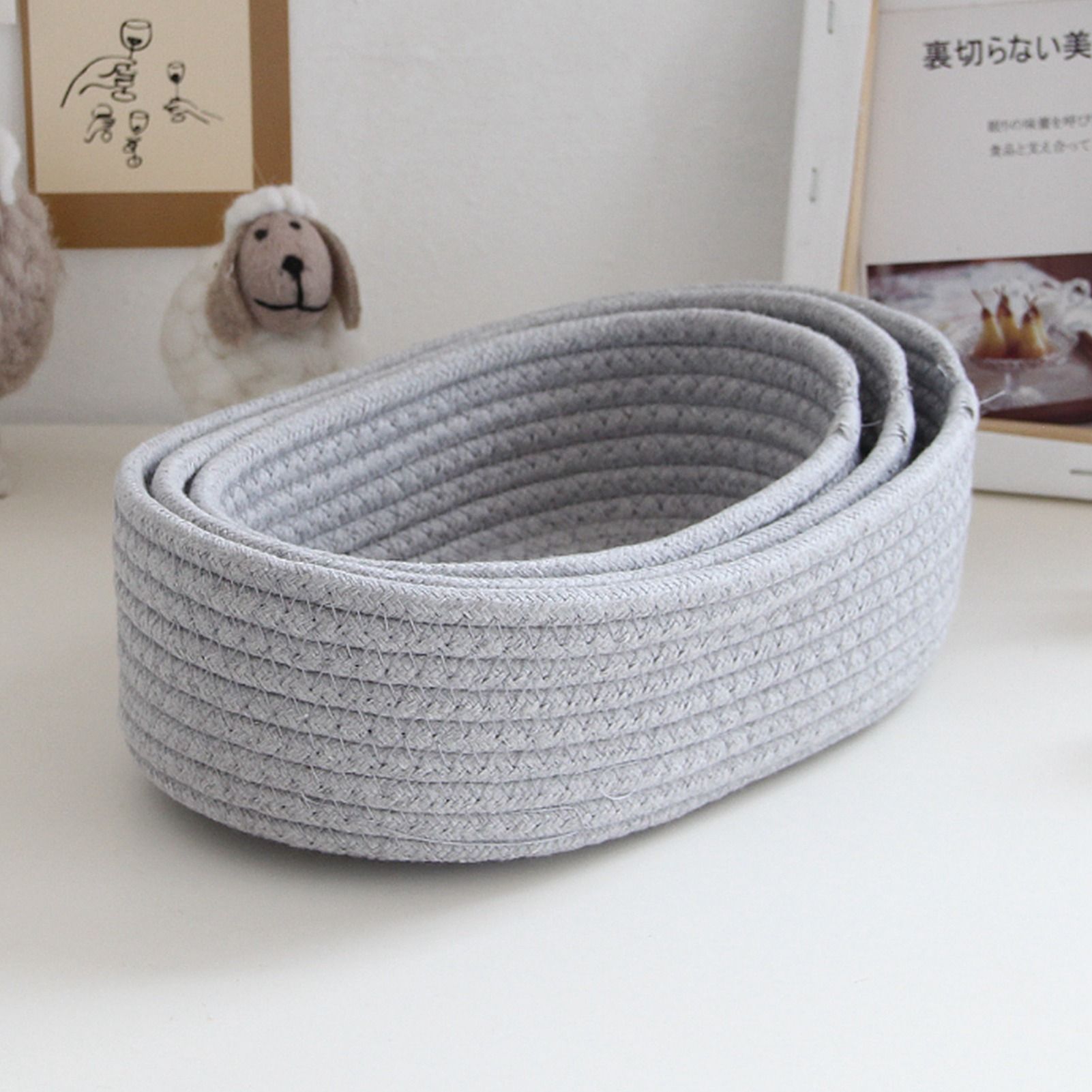 3 Pcs Desktop Storage Basket Oval Organizer Container Cotton Rope Hand Woven view 11