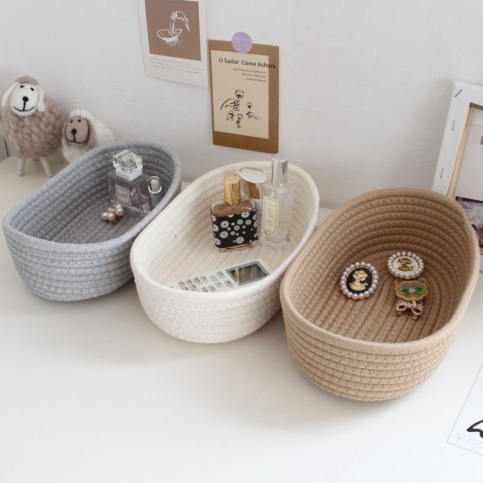3 Pcs Desktop Storage Basket Oval Organizer Container Cotton Rope Hand Woven view 12