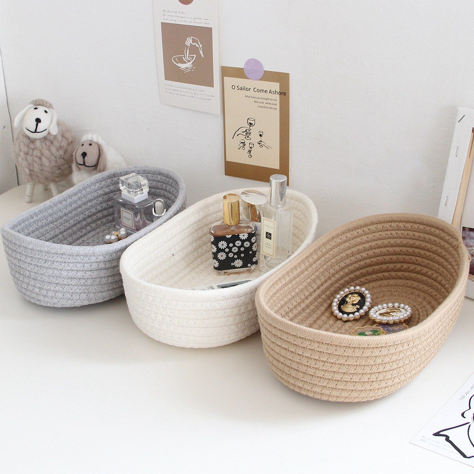 3 Pcs Desktop Storage Basket Oval Organizer Container Cotton Rope Hand Woven view 13