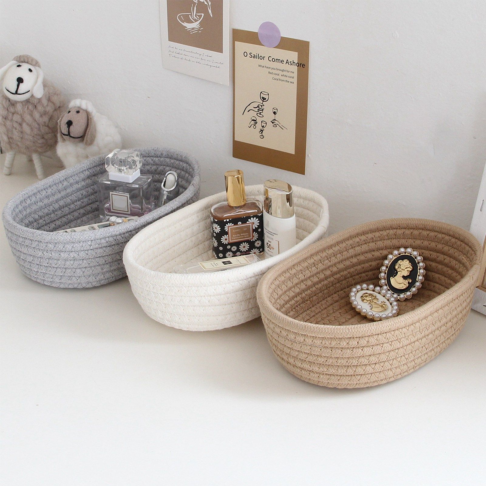 3 Pcs Desktop Storage Basket Oval Organizer Container Cotton Rope Hand Woven view 14