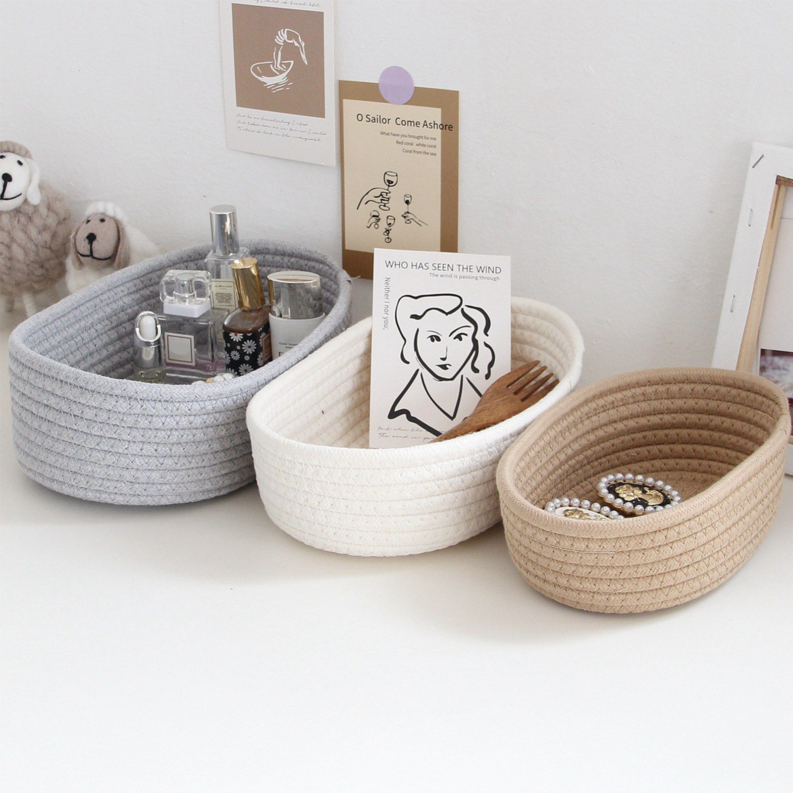3 Pcs Desktop Storage Basket Oval Organizer Container Cotton Rope Hand Woven view 15