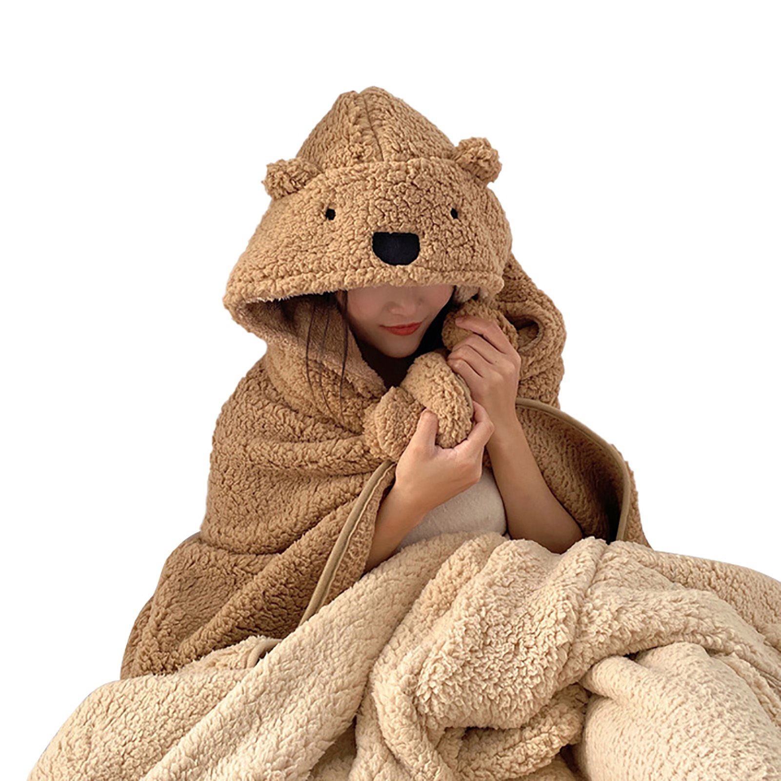 Winter Throw Blanket Cloak With Hood Thick Soft Plush Warm Wearable Blanket