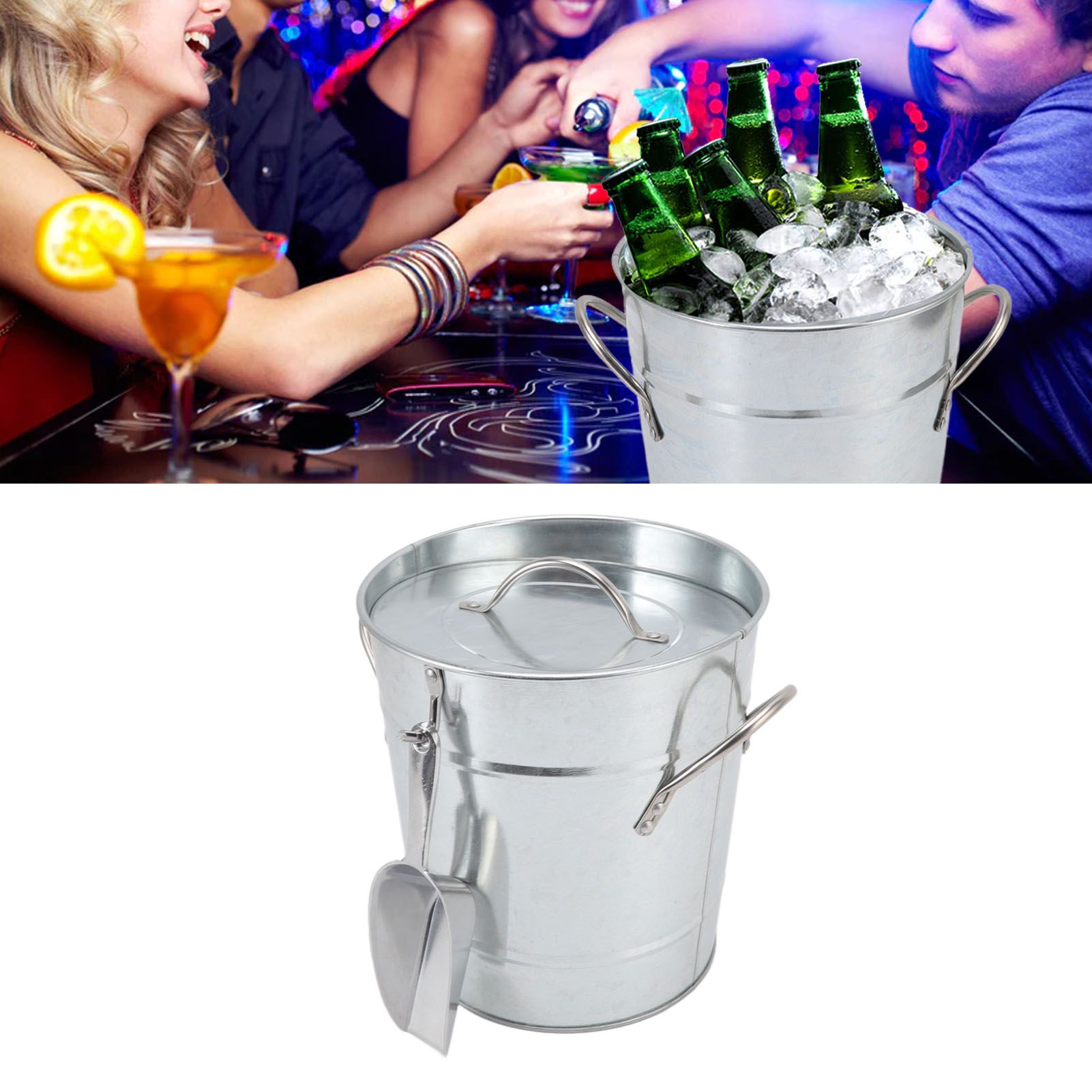 Ice Bucket Round with Ice Shovel Galvanized Sheet Plastic Beer Chiller Bin for view 12