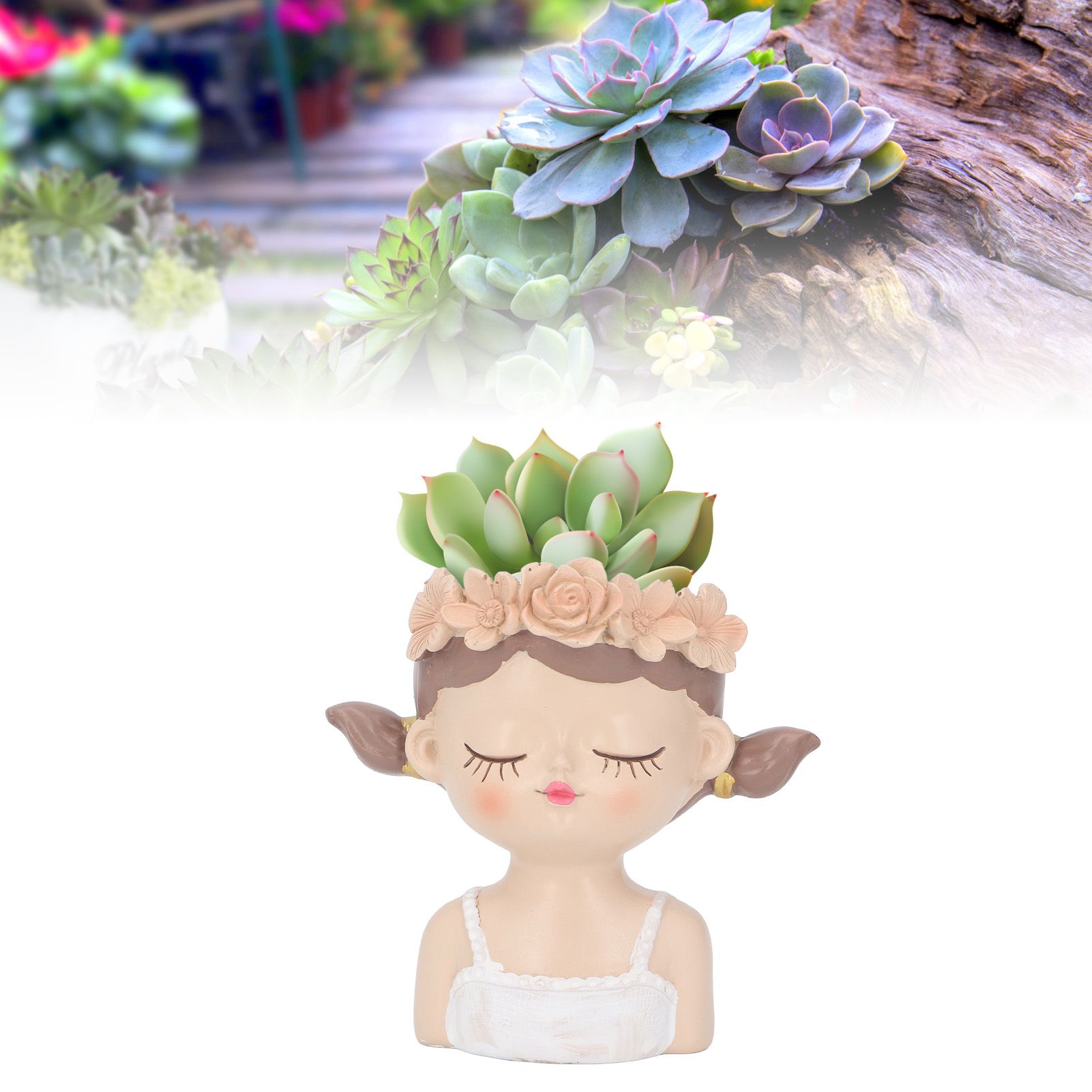 Girl Flower Pot Cute Shape Resin Face Planter Pot with Drainage Hole for view 11