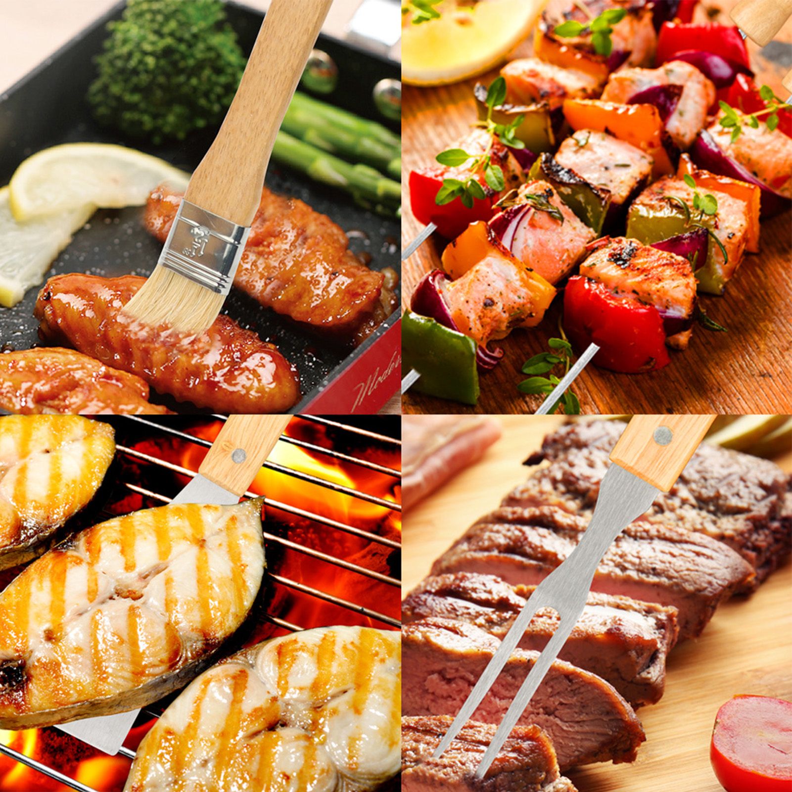 10PCS Grilling Tool Set Stainless Steel with Wood Handle Grill Utensils for view 6