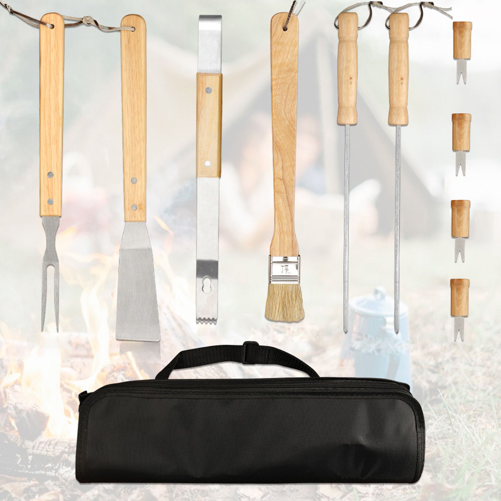 10PCS Grilling Tool Set Stainless Steel with Wood Handle Grill Utensils for view 10