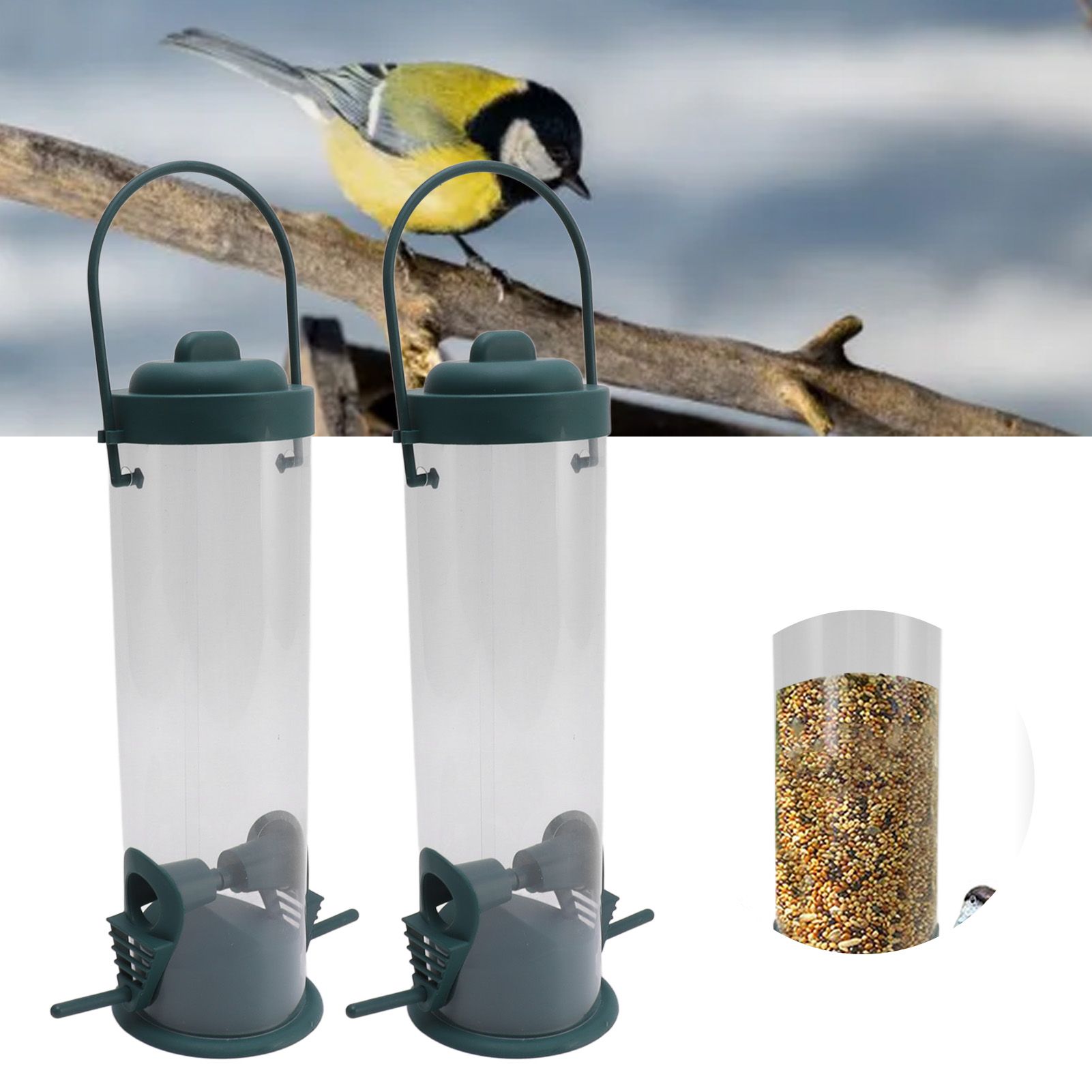 2 Set Bird Tube Feeder Plastic Transparent Hanging Finch Feeder Garden view 11