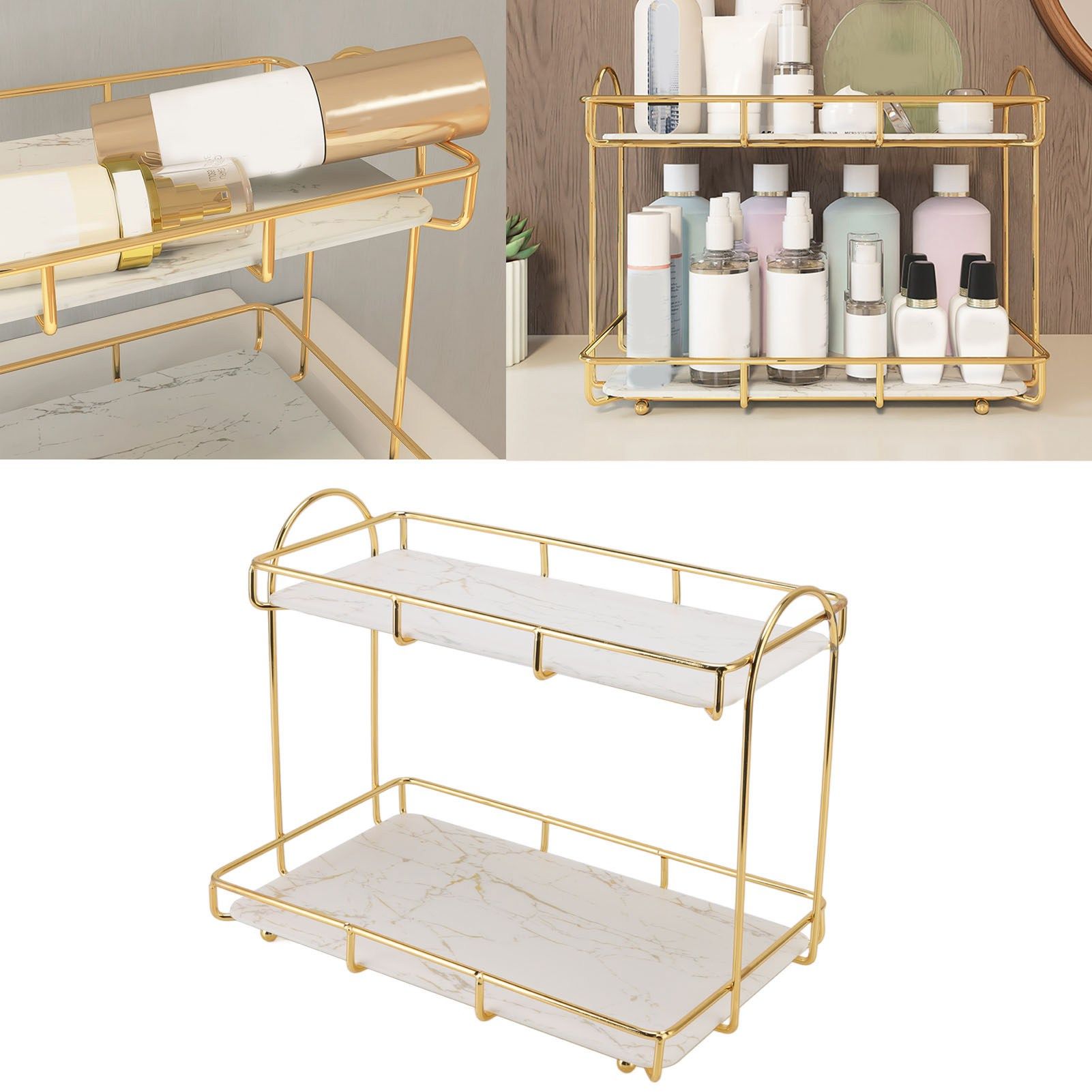 Bathroom Storage Rack Gold White 2 Tier Makeup Shelf Humanized Structure Anti view 12