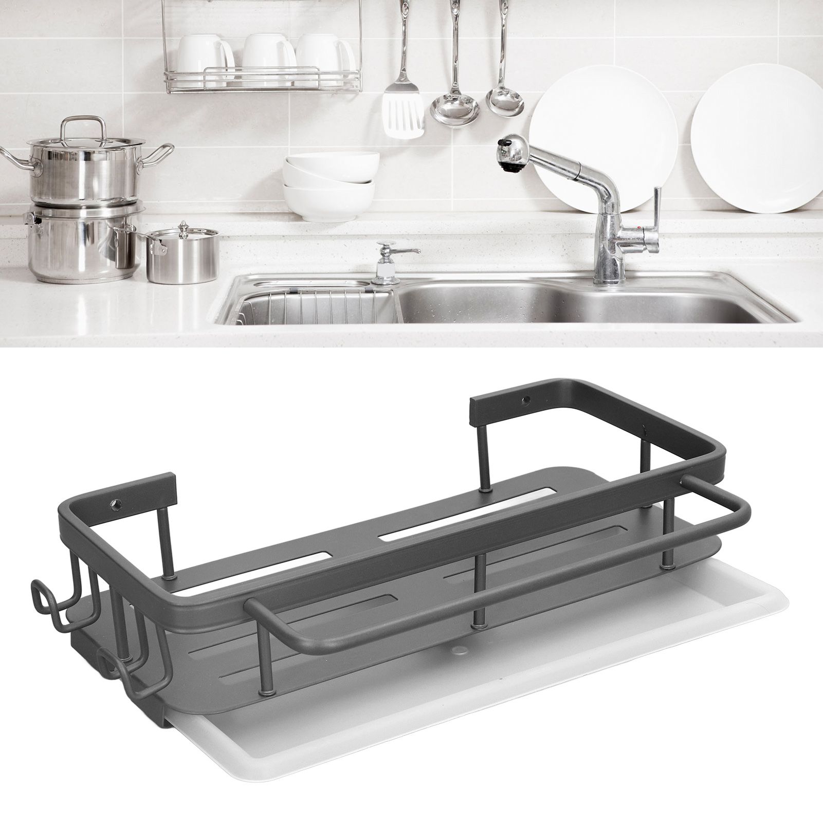 Kitchen Wall Mounted Sink Shelf Punching Free Rustproof Over Sink Dish Drying view 12