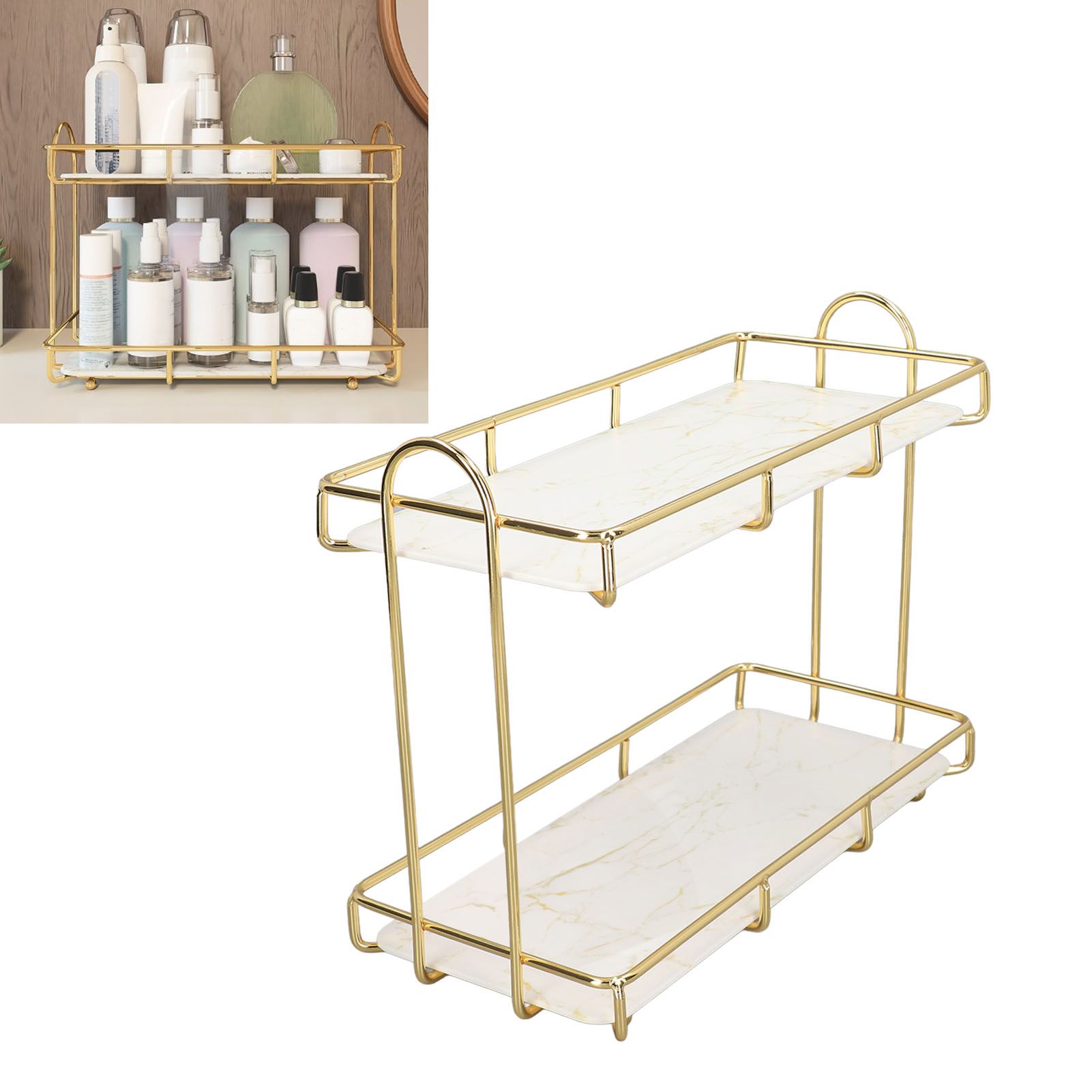 2 Tier Bathroom Shelf Countertop Standing Shelf with Partition Cosmetic view 11