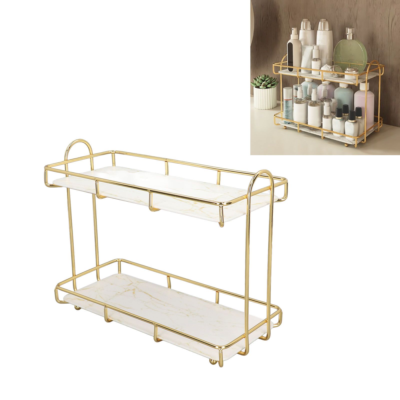 2 Tier Bathroom Shelf Countertop Standing Shelf with Partition Cosmetic view 12