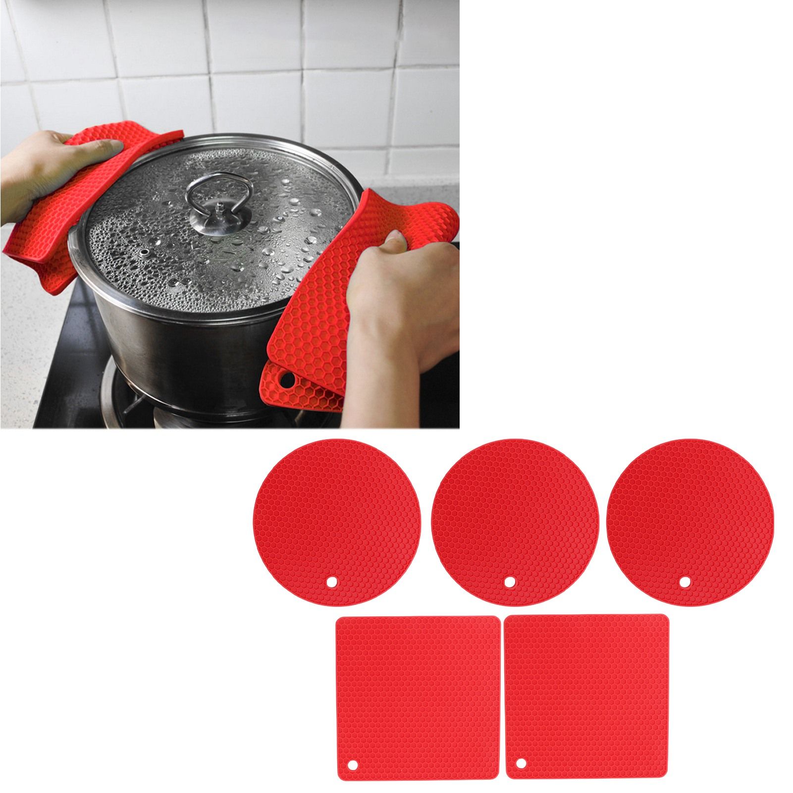 5Pcs Silicone Trivet Mat Square Round Honeycomb Hot Pad Non Slip Heat view 11