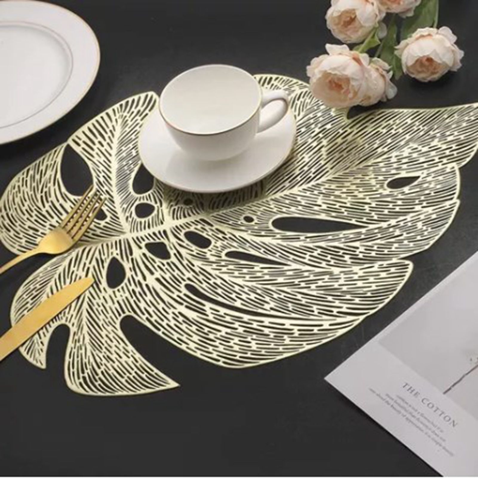 6Pcs Insulation Placemat Hollow Out Simulation Leaf Shape Heat Resistant PVC view 9