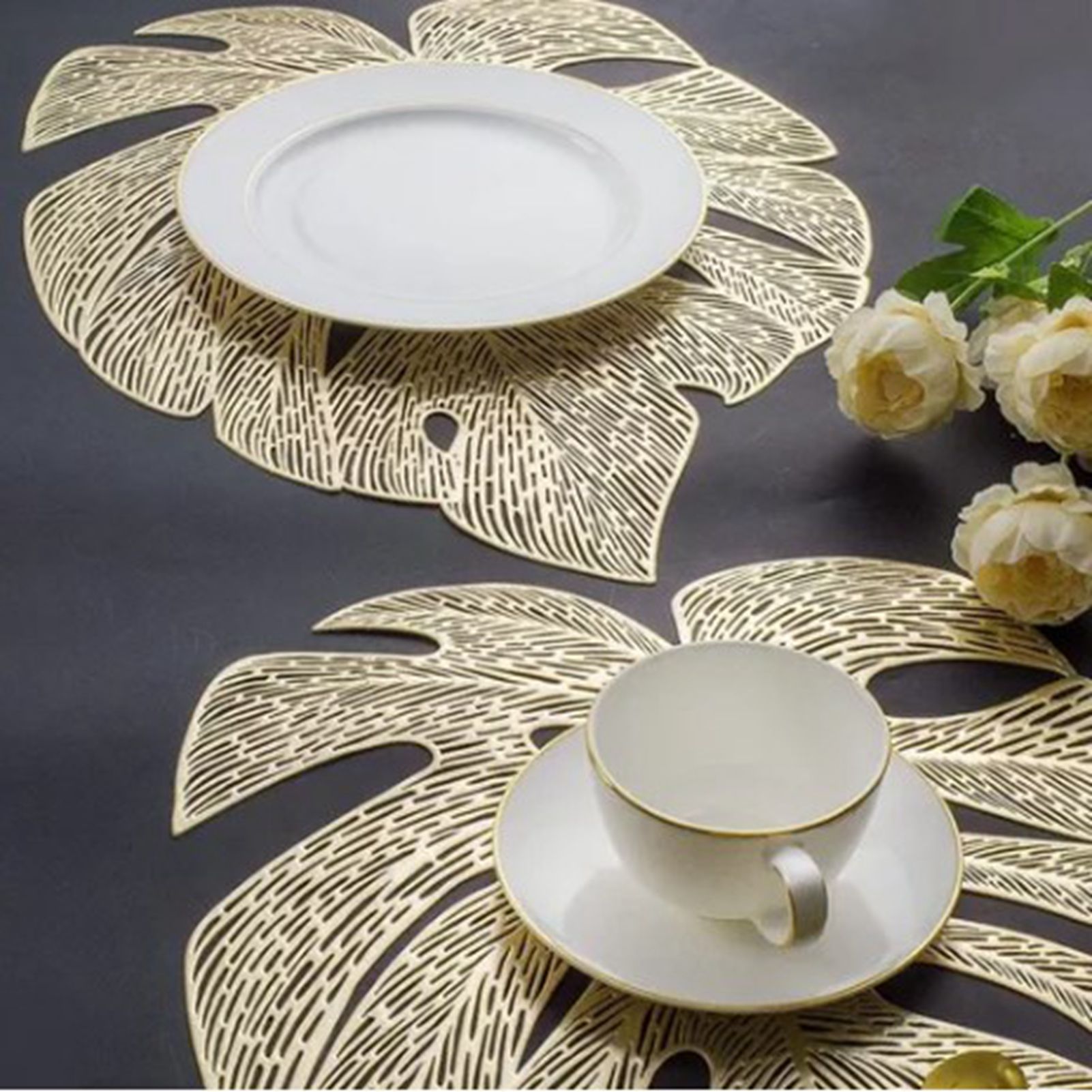 6Pcs Insulation Placemat Hollow Out Simulation Leaf Shape Heat Resistant PVC view 11