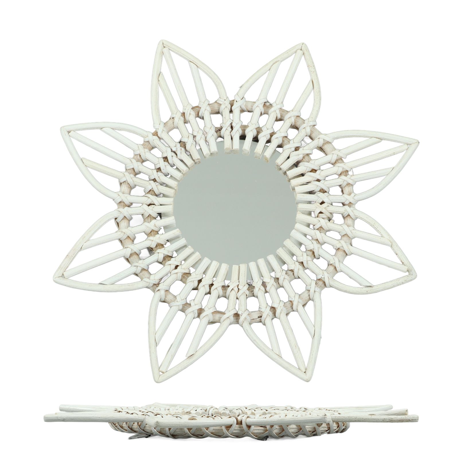 Rattan Wall Mirror White Flower Shape Rustic Vintage High Polished Glass view 3