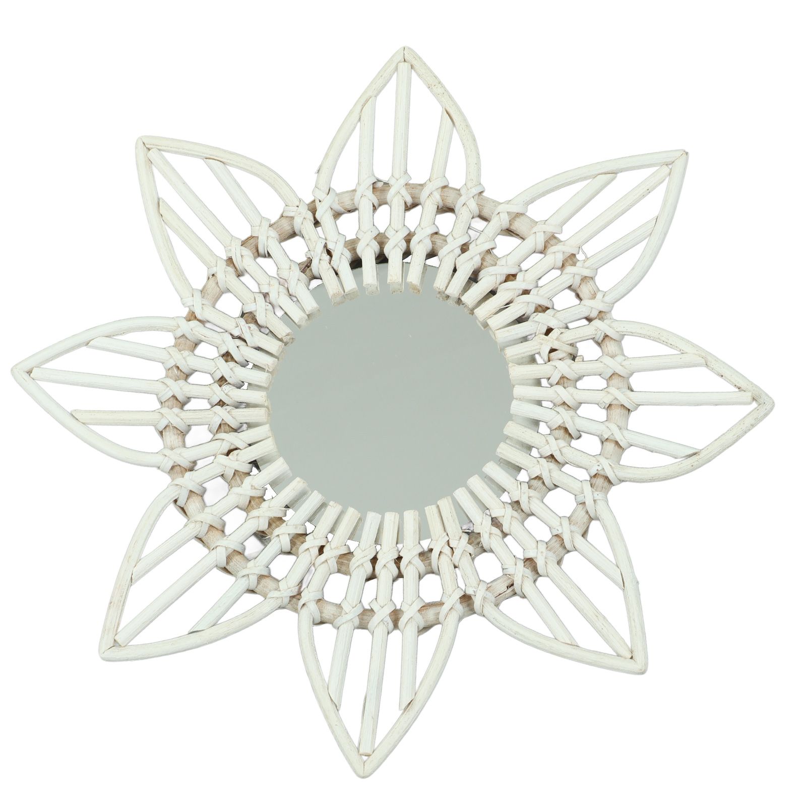 Rattan Wall Mirror White Flower Shape Rustic Vintage High Polished Glass view 4