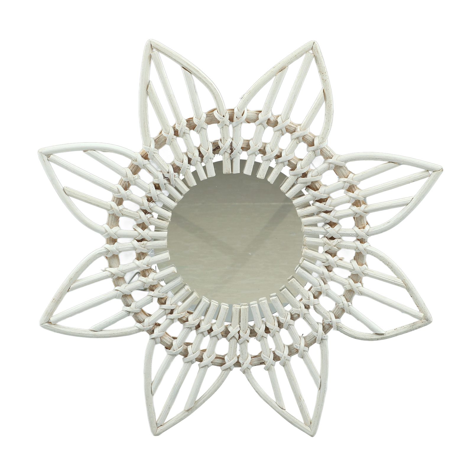 Rattan Wall Mirror White Flower Shape Rustic Vintage High Polished Glass view 13
