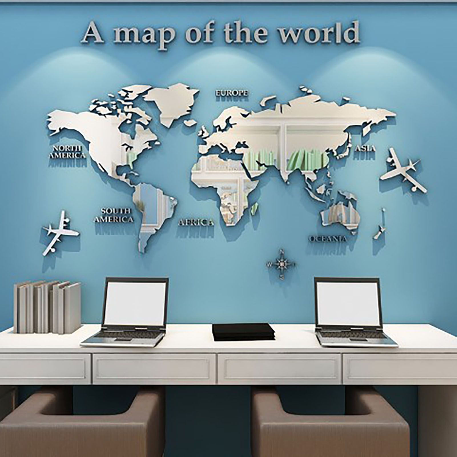 Acrylic Wall Stickers 3D World Map Wall Mirror Sticker for Office Study Living view 3