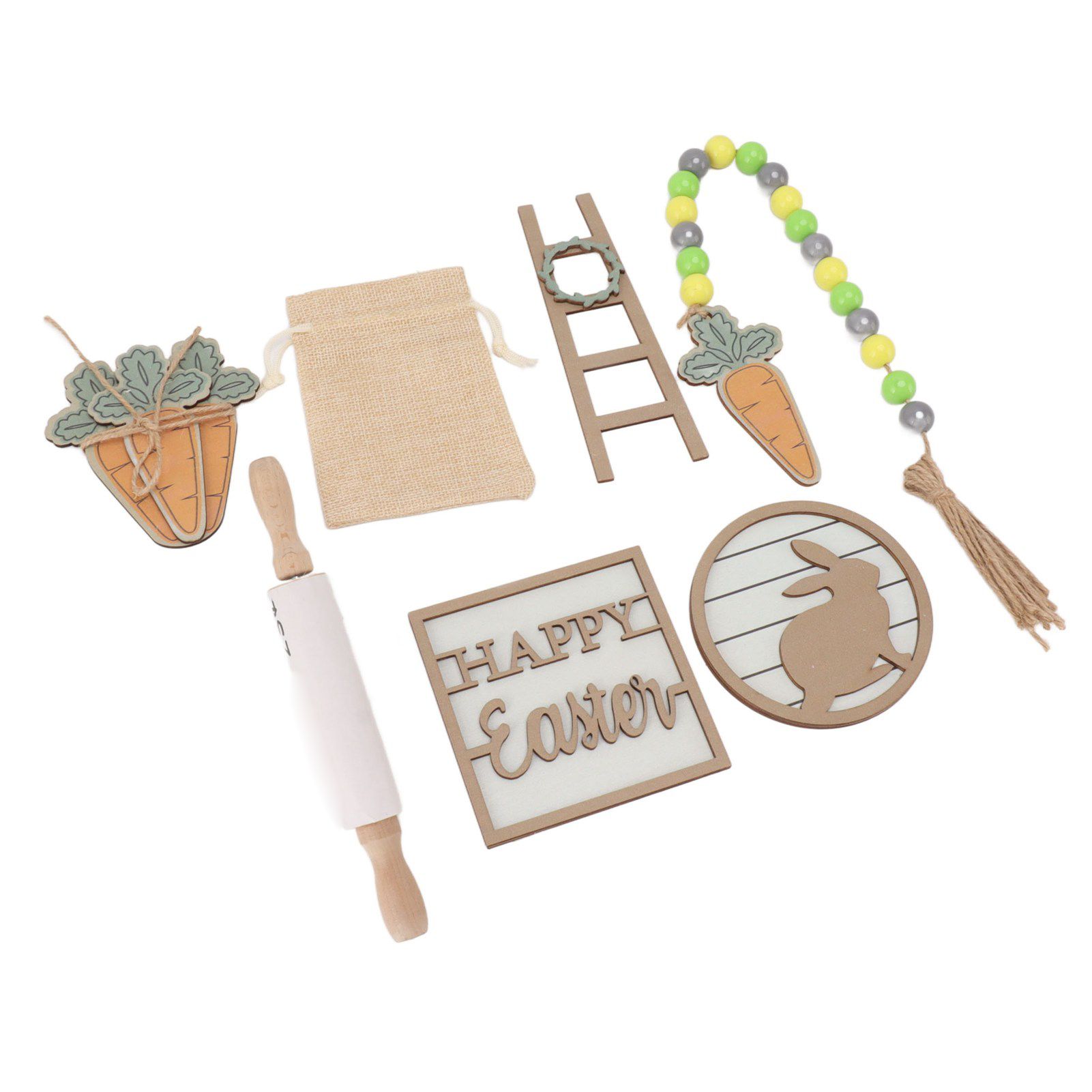 Easter Tiered Tray Decor Bunny Carrot String Bead Rolling Pin Ladder Wooden view 2