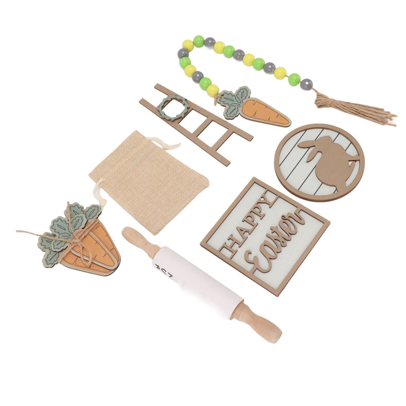 Easter Tiered Tray Decor Bunny Carrot String Bead Rolling Pin Ladder Wooden view 3