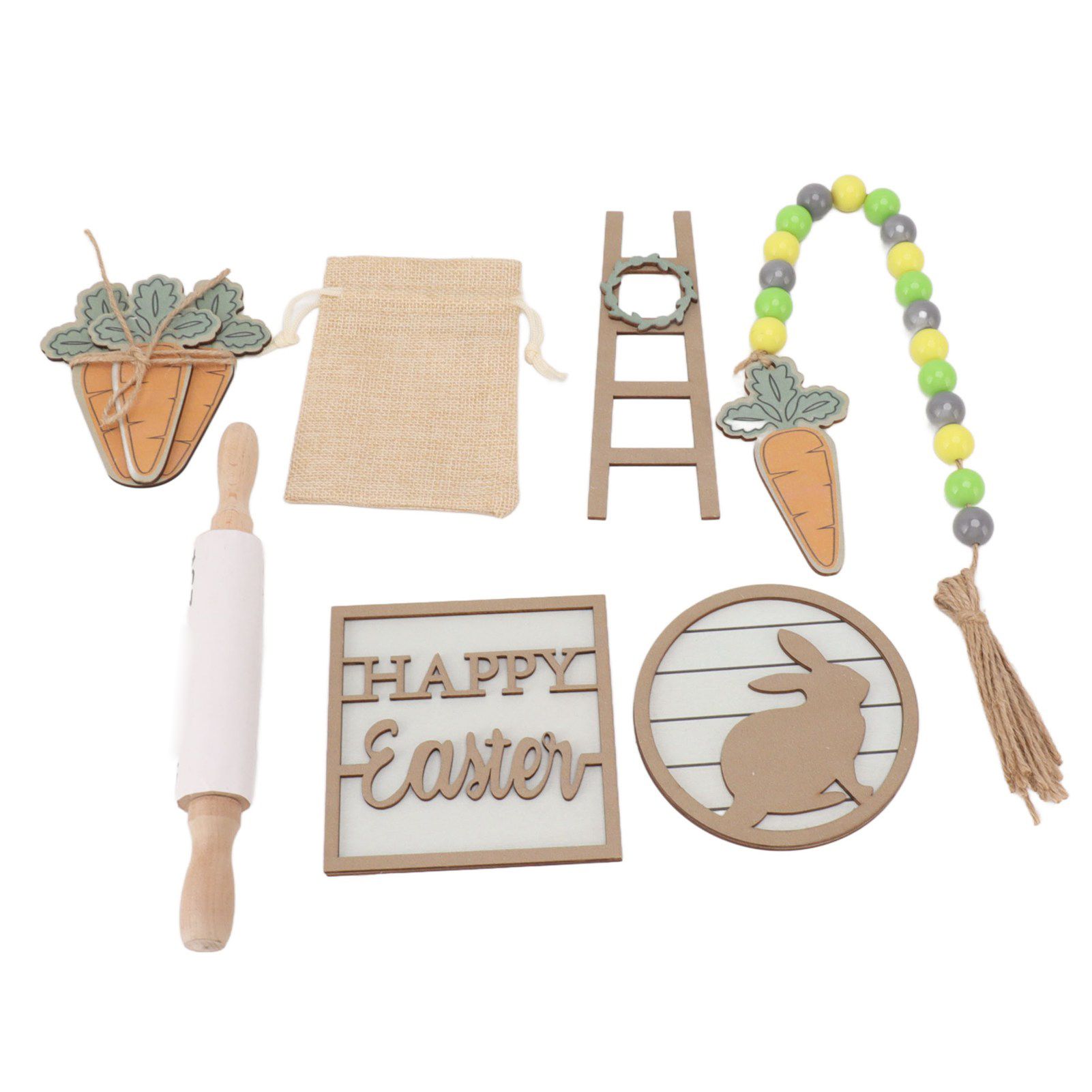 Easter Tiered Tray Decor Bunny Carrot String Bead Rolling Pin Ladder Wooden view 4