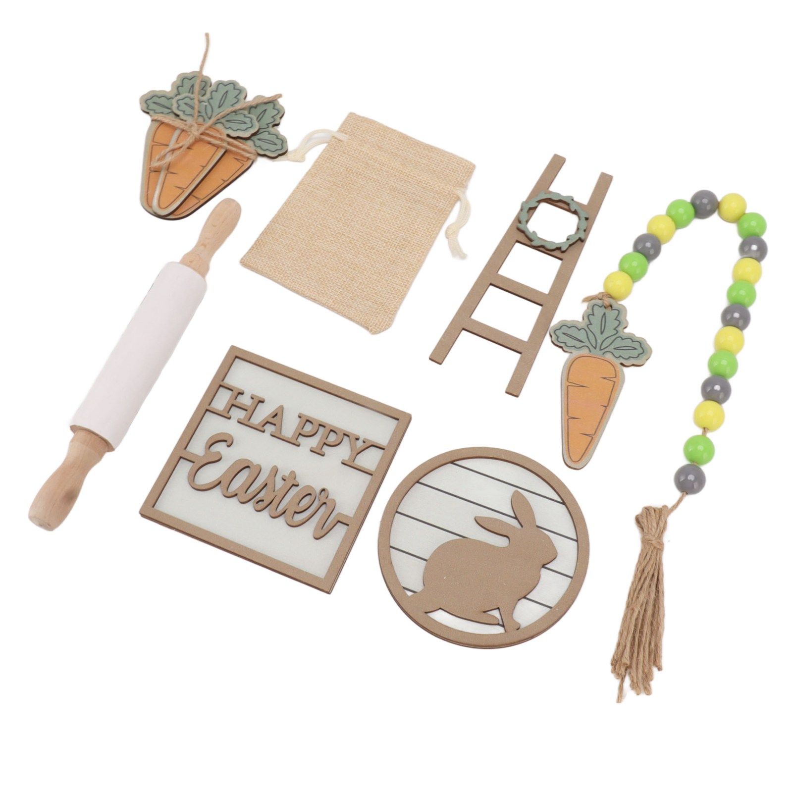 Easter Tiered Tray Decor Bunny Carrot String Bead Rolling Pin Ladder Wooden view 5