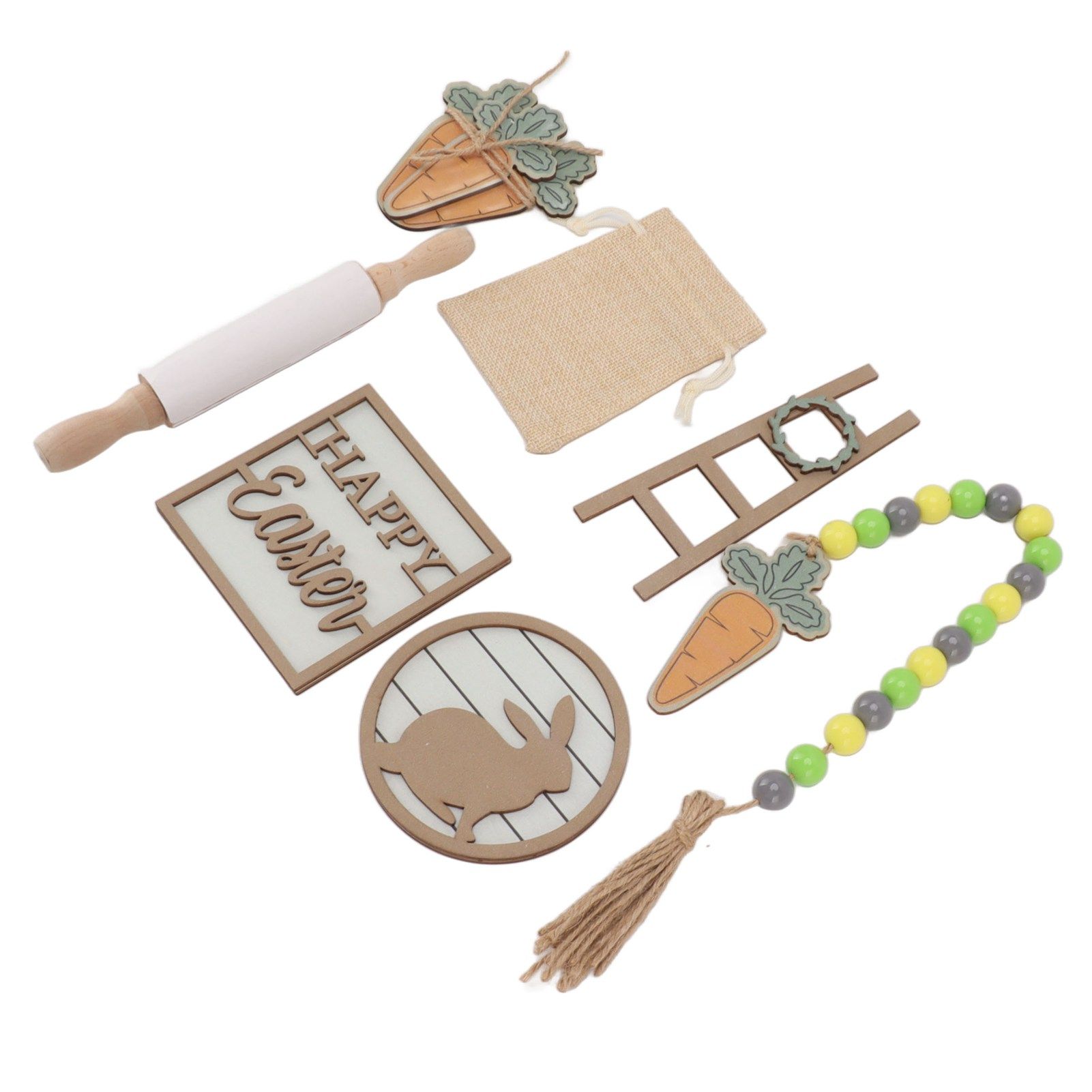 Easter Tiered Tray Decor Bunny Carrot String Bead Rolling Pin Ladder Wooden view 6