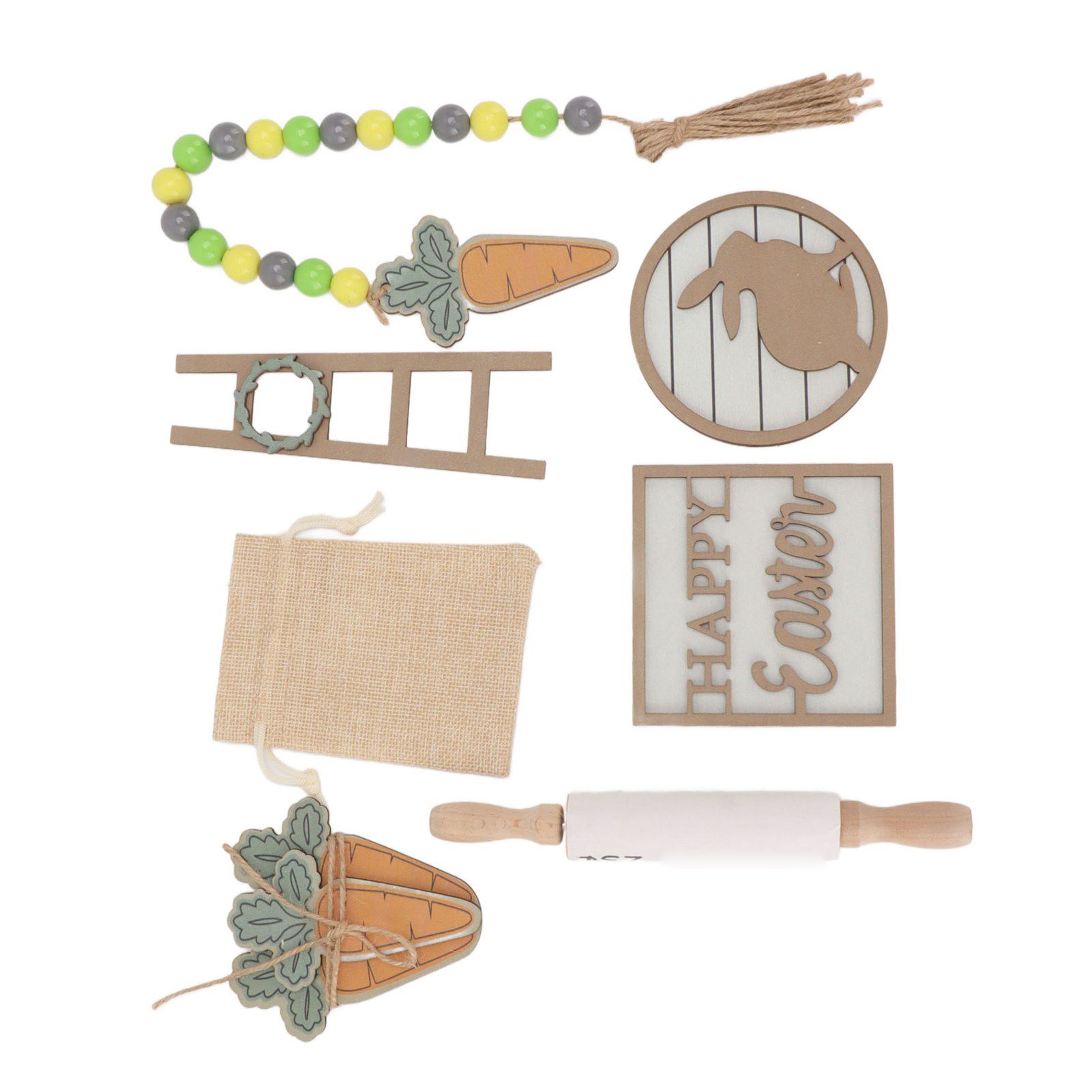 Easter Tiered Tray Decor Bunny Carrot String Bead Rolling Pin Ladder Wooden view 7