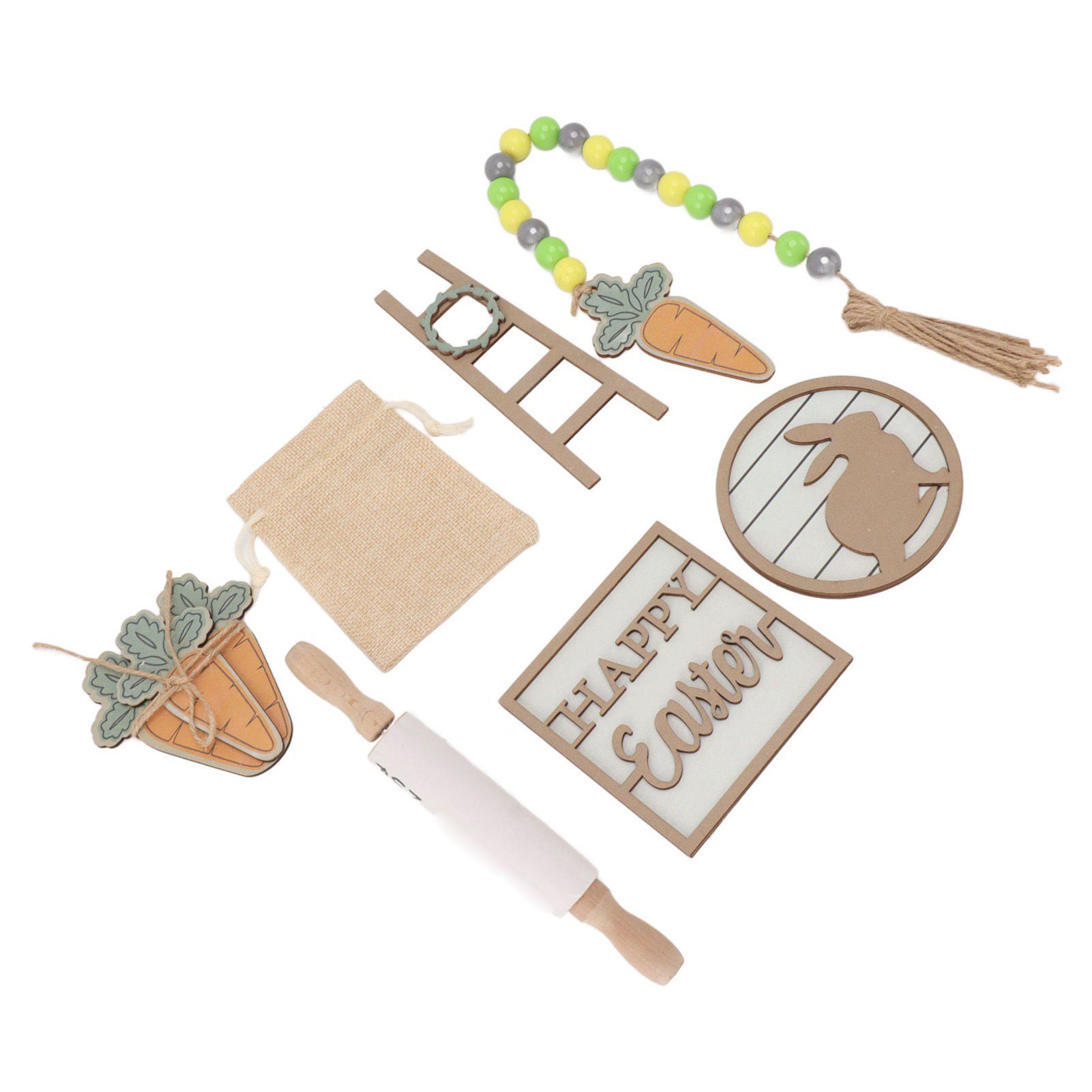 Easter Tiered Tray Decor Bunny Carrot String Bead Rolling Pin Ladder Wooden view 8