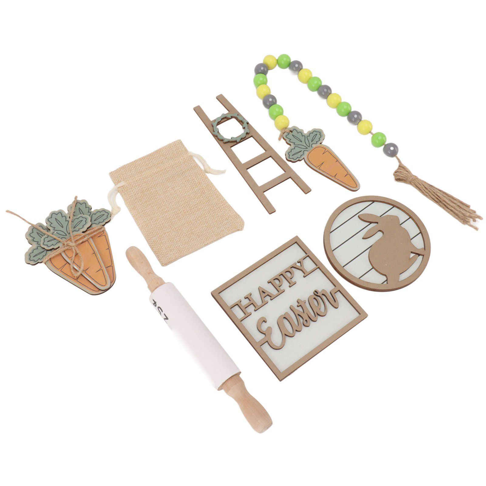 Easter Tiered Tray Decor Bunny Carrot String Bead Rolling Pin Ladder Wooden view 9