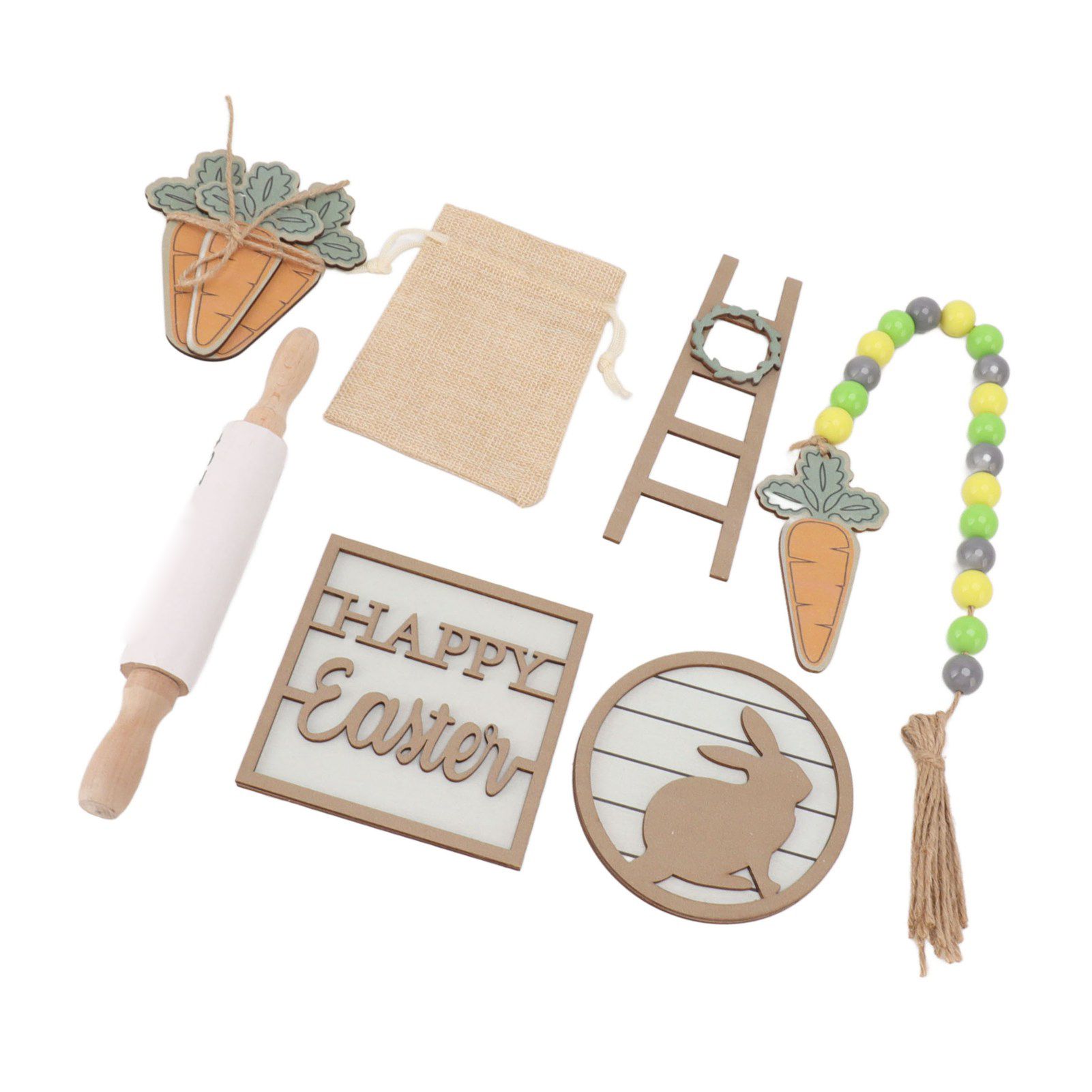 Easter Tiered Tray Decor Bunny Carrot String Bead Rolling Pin Ladder Wooden view 10