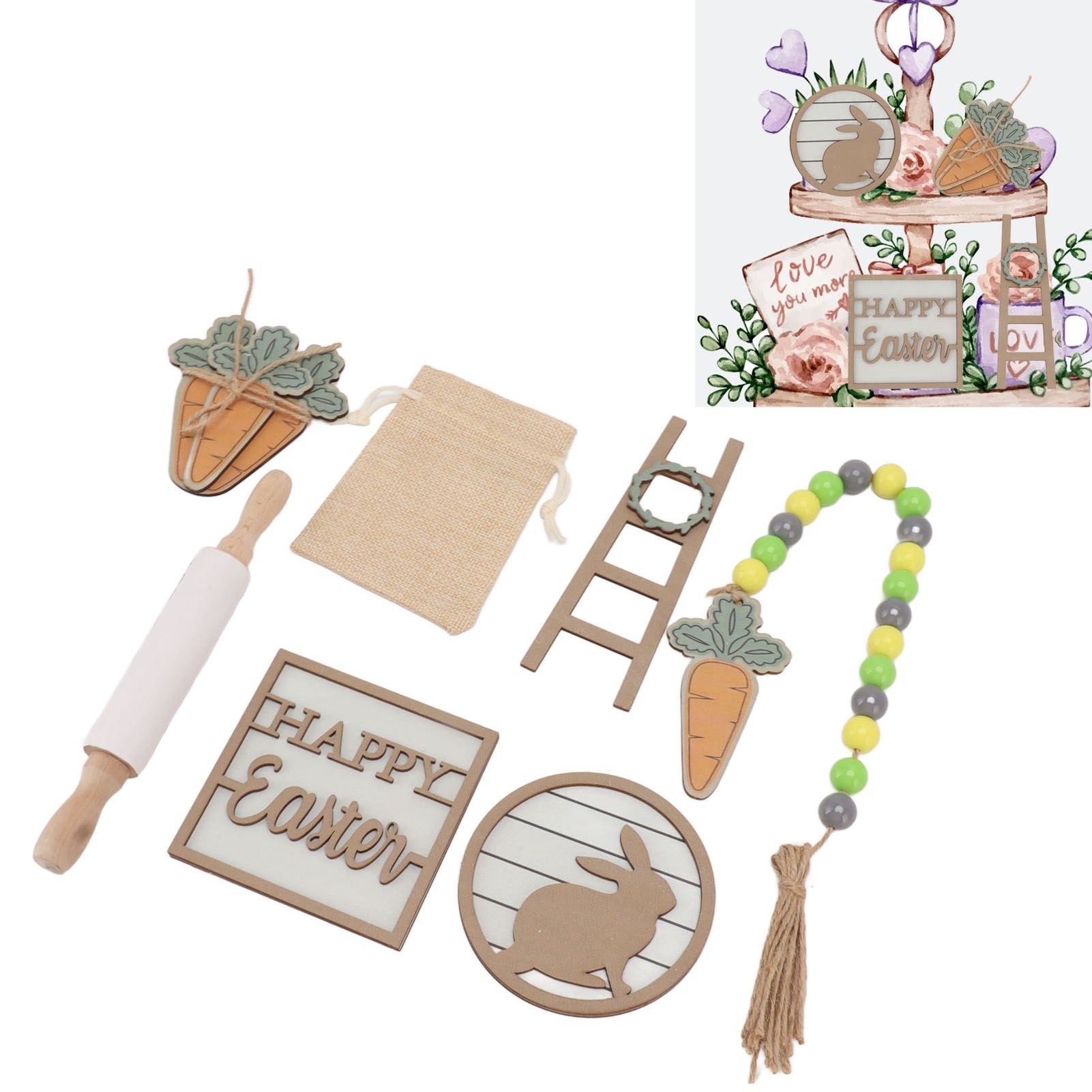 Easter Tiered Tray Decor Bunny Carrot String Bead Rolling Pin Ladder Wooden view 11