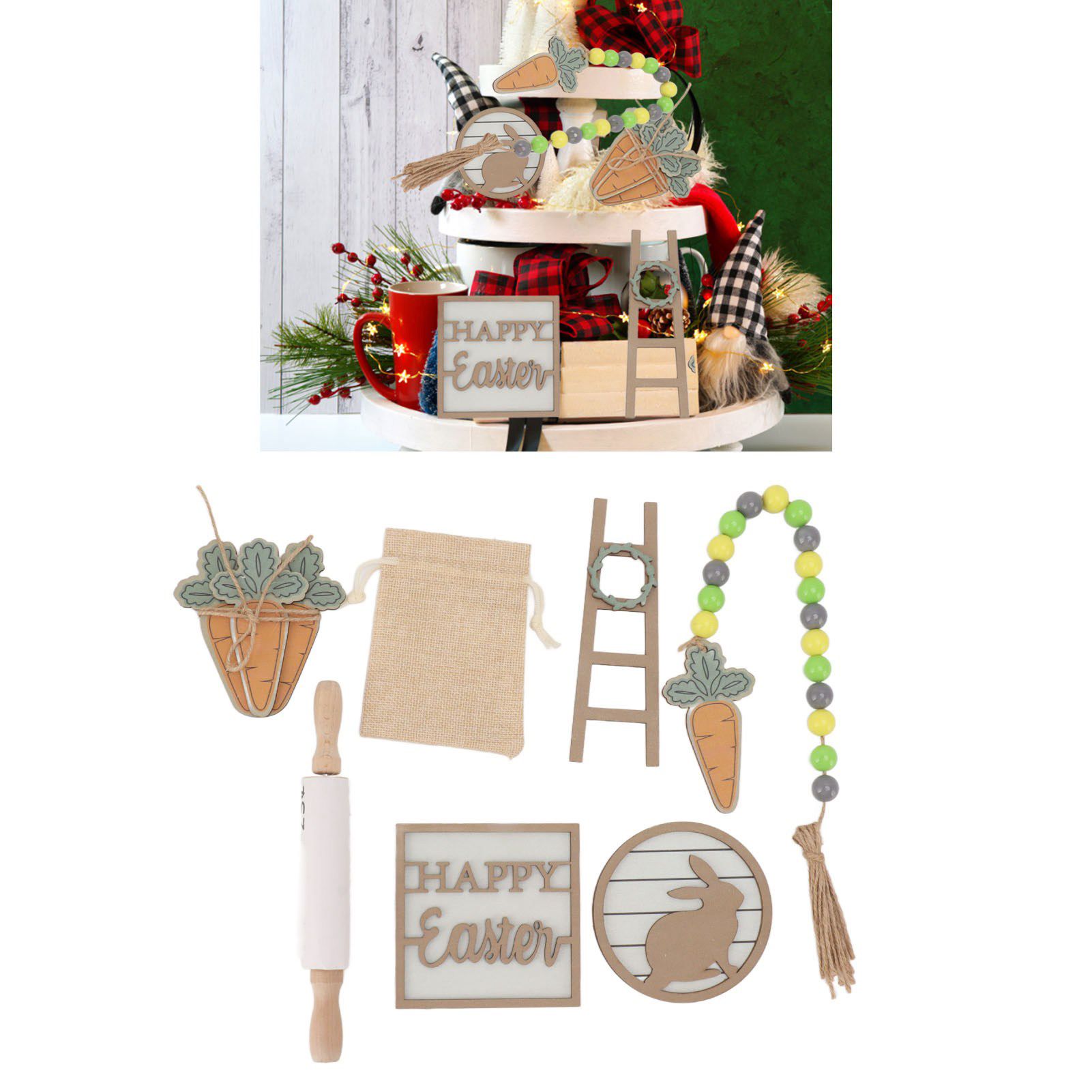 Easter Tiered Tray Decor Bunny Carrot String Bead Rolling Pin Ladder Wooden view 12
