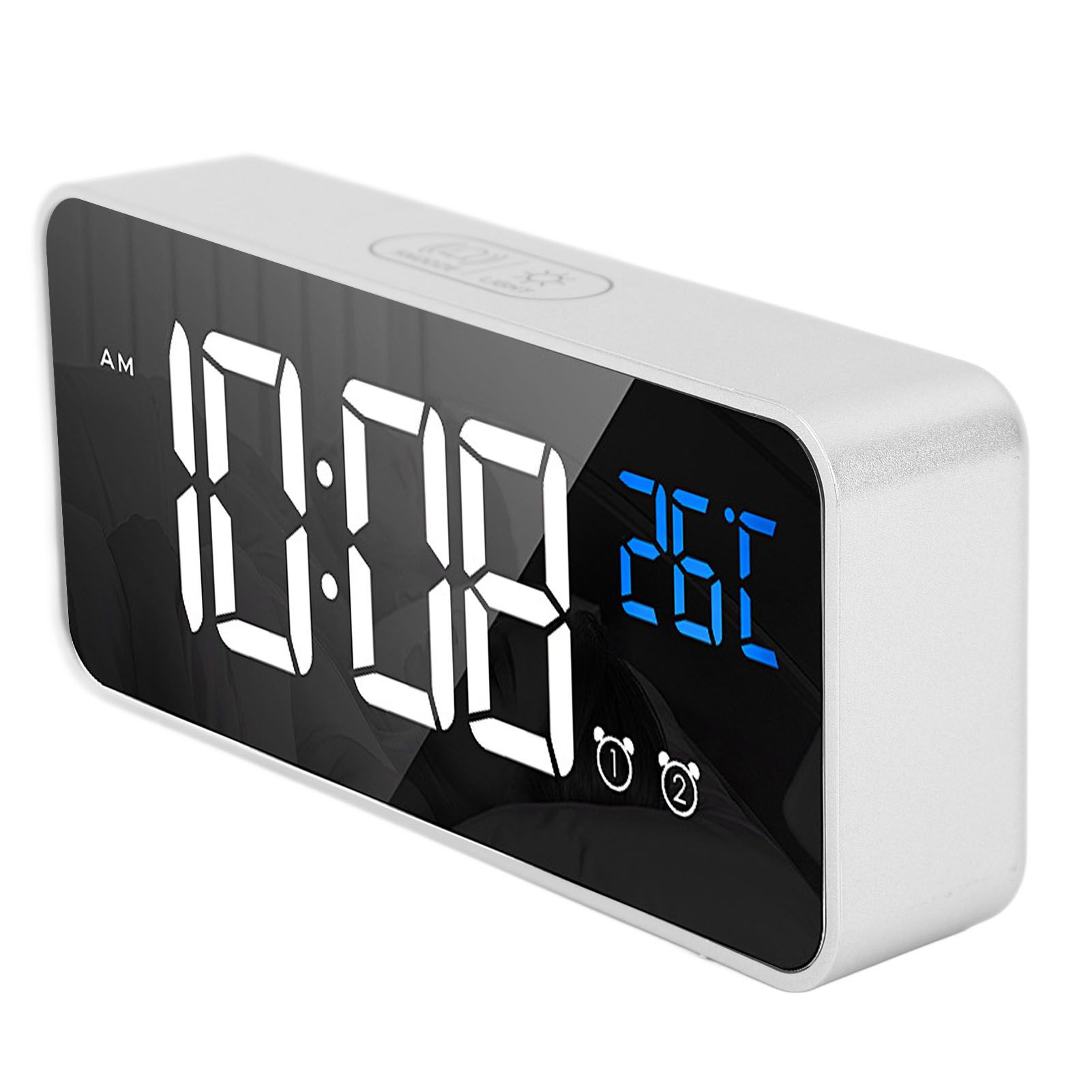 Mirror LED Alarm Clock Two Sets of Alarm Rechargeable Voice Activated Digital view 2