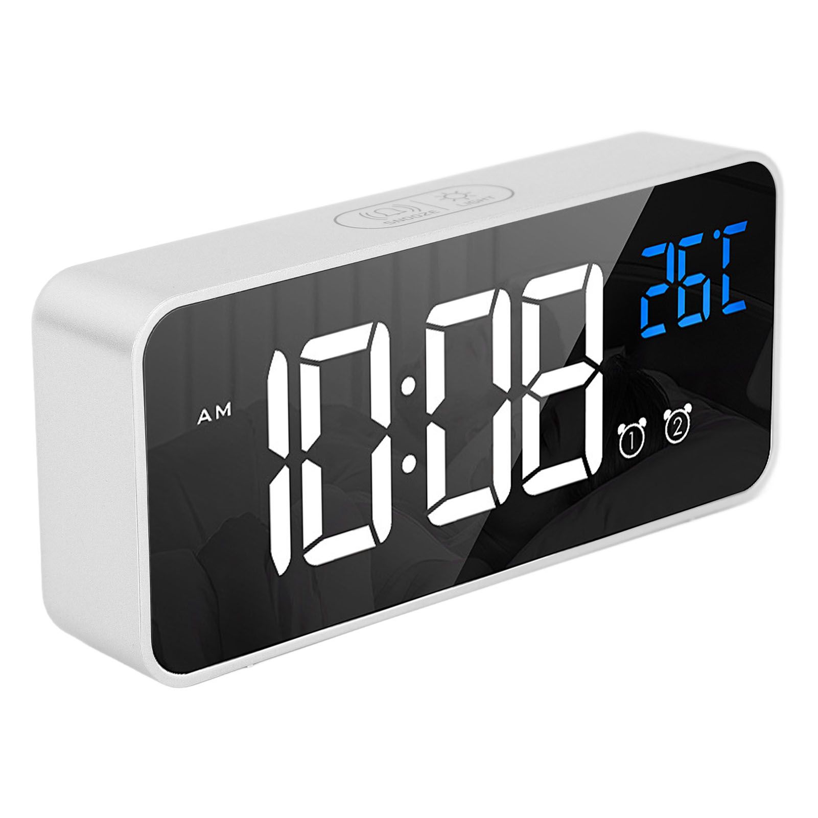 Mirror LED Alarm Clock Two Sets of Alarm Rechargeable Voice Activated Digital view 3