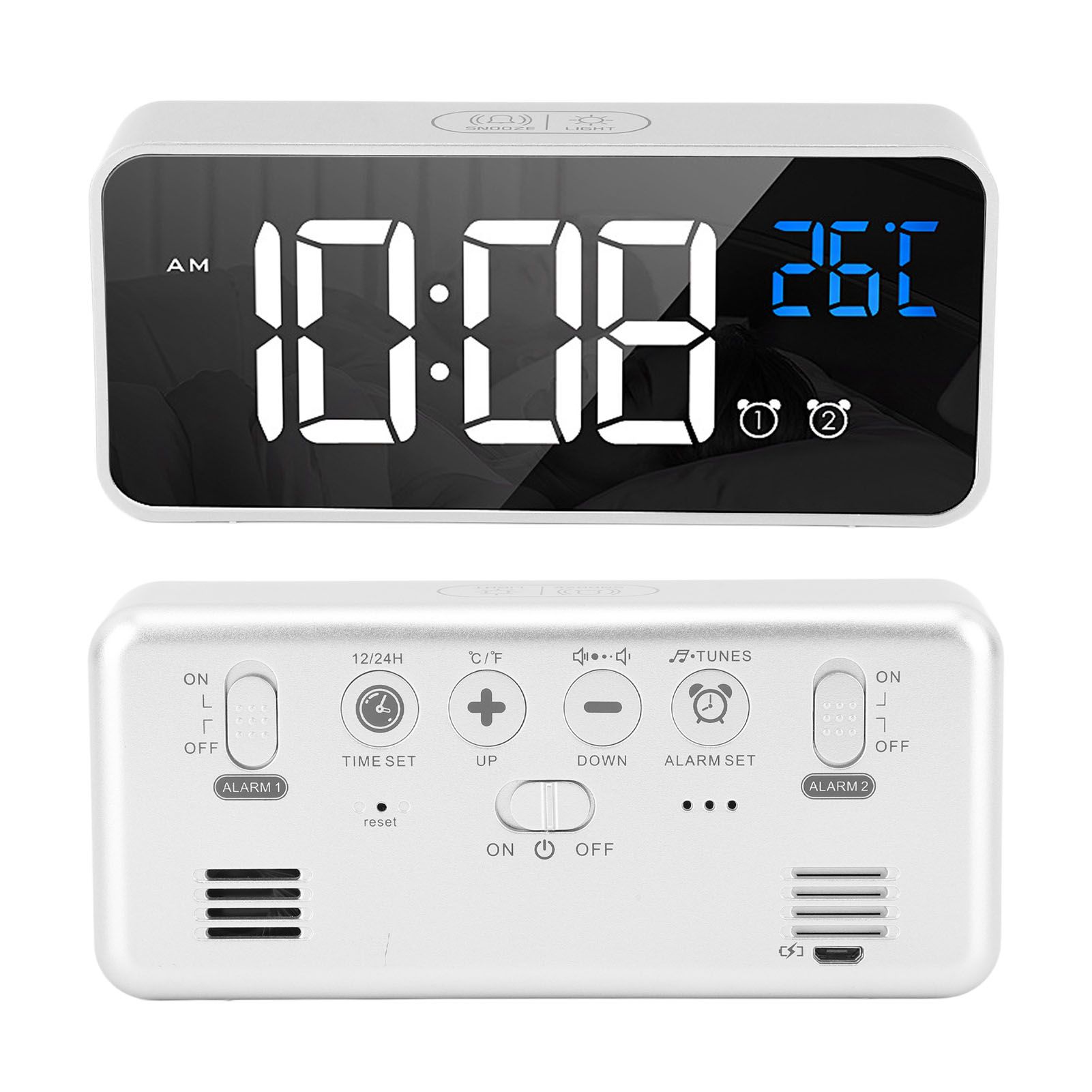 Mirror LED Alarm Clock Two Sets of Alarm Rechargeable Voice Activated Digital view 8